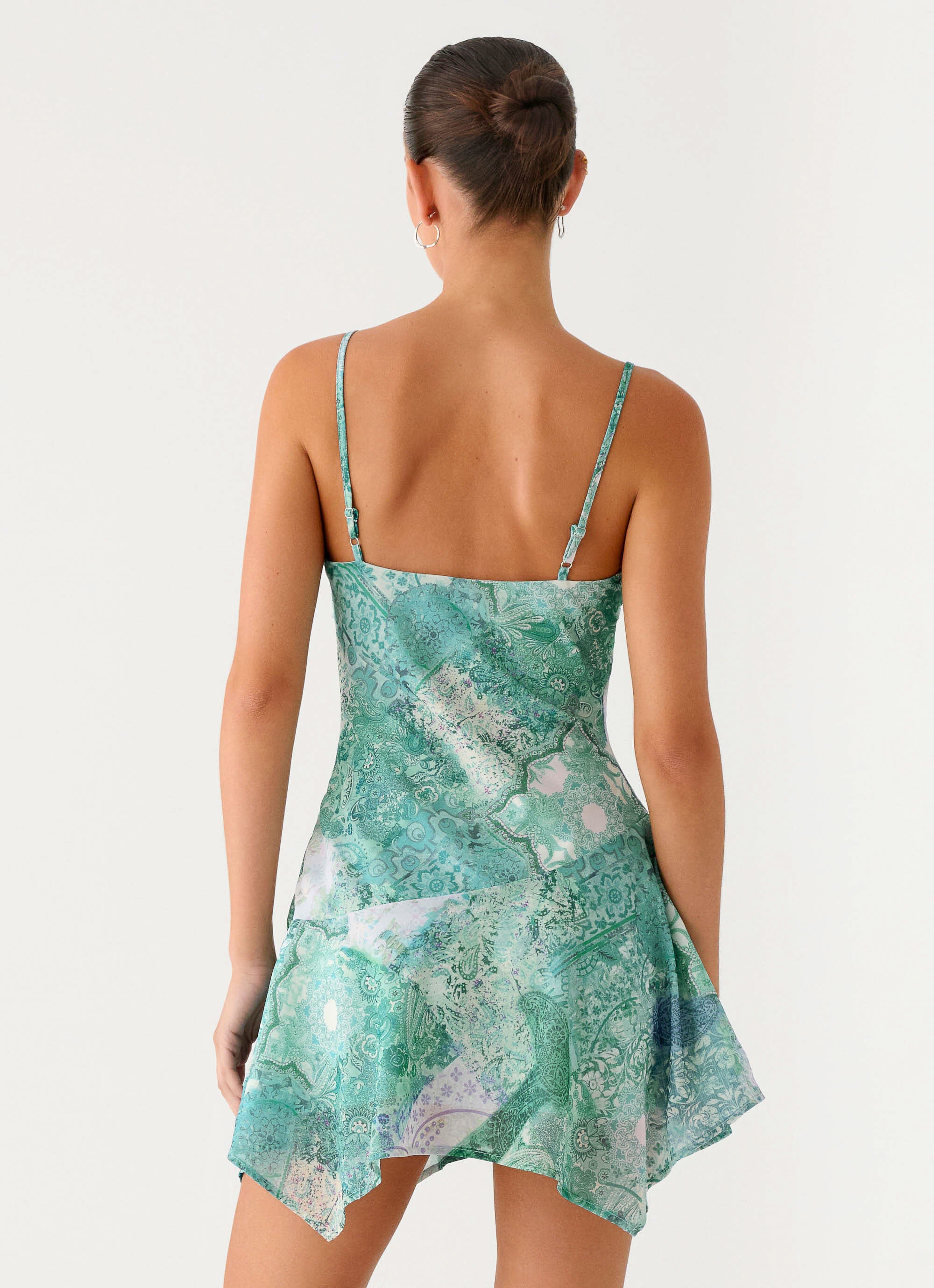 Marine Mist Asymmetric Hem Mini Dress - Green Paisley - Image 3