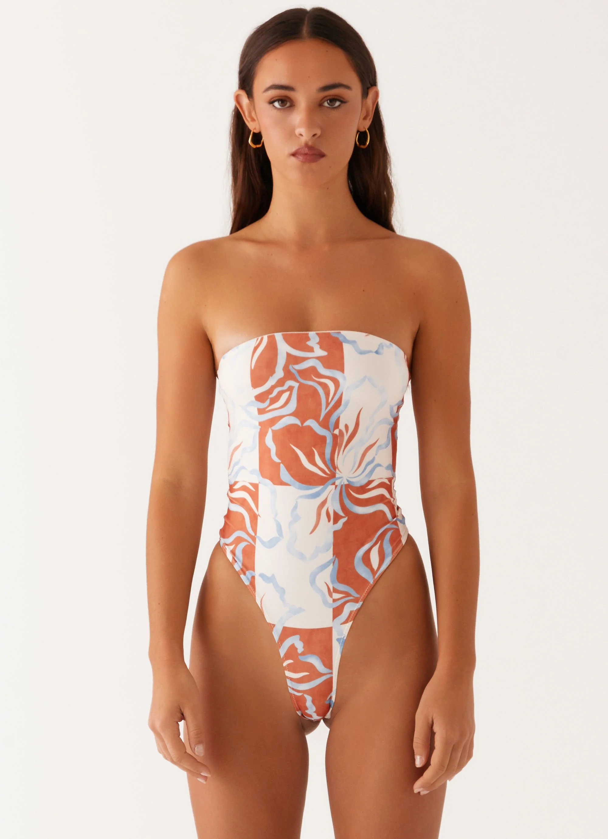 Maxine Strapless One Piece Swimsuit - Orange Blue Floral - Image 3
