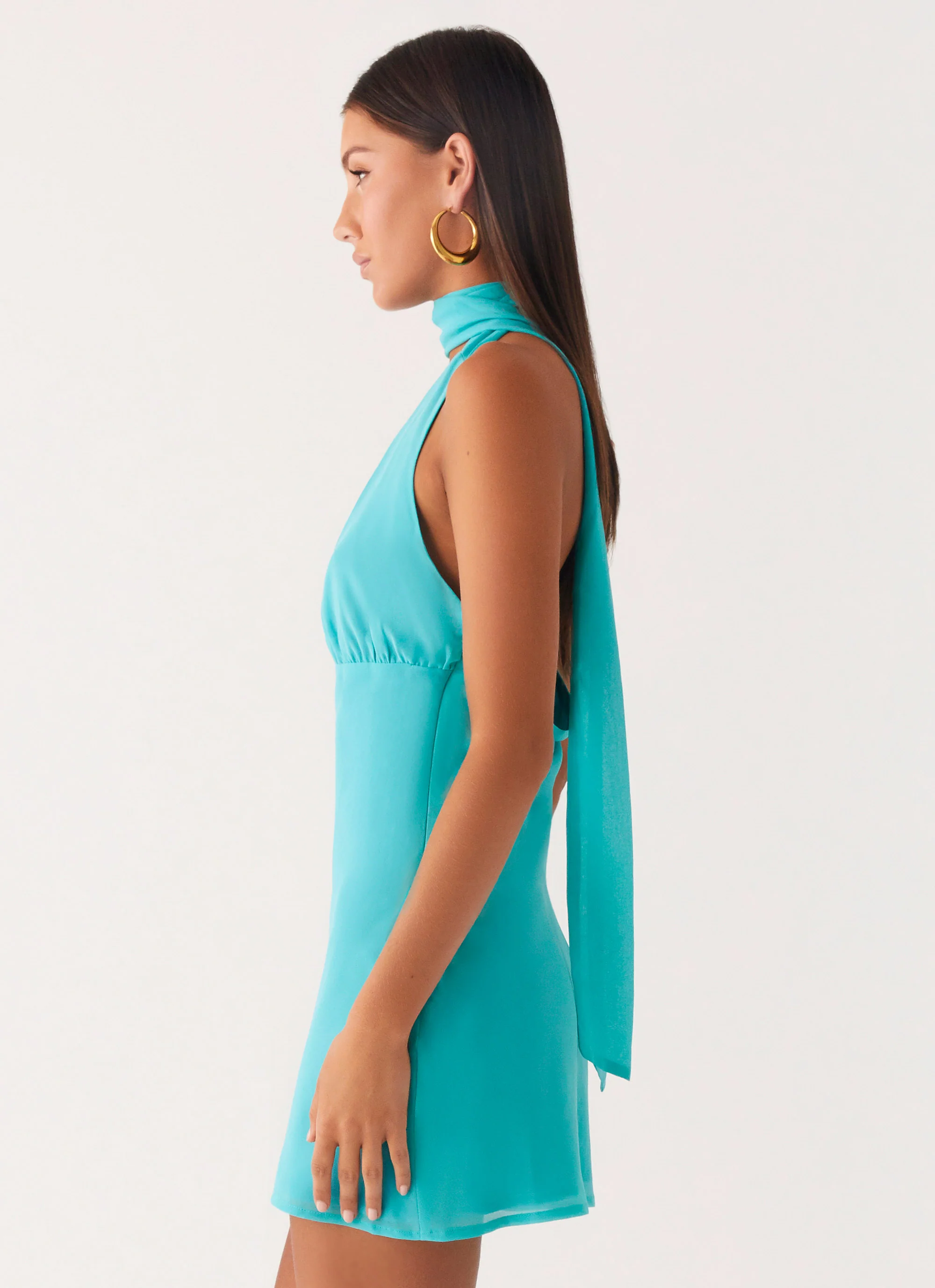 Melisande Scarf Neck Mini Dress - Aqua Blue - Image 3
