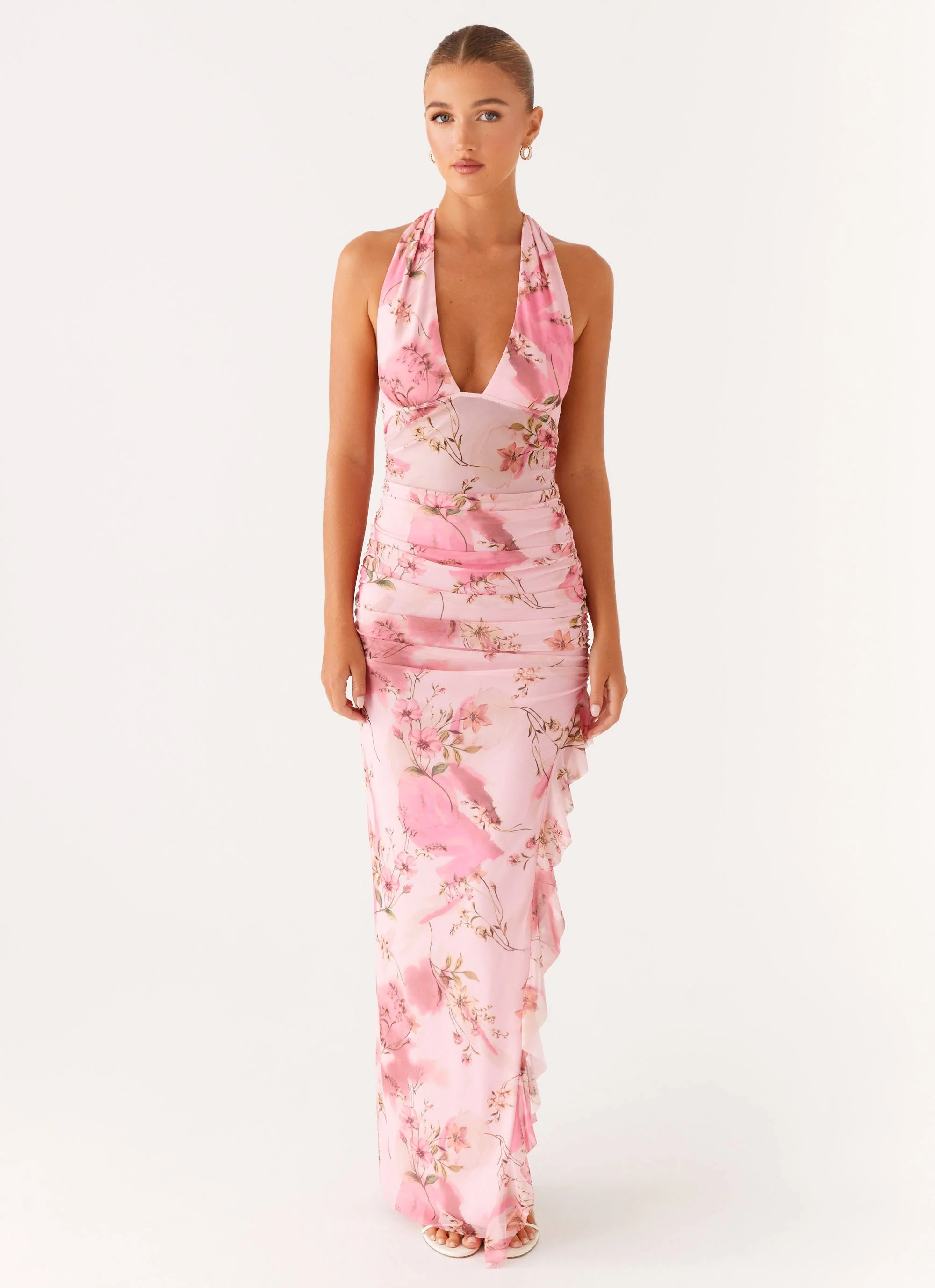Micca Halter Maxi Dress - Pink Floral Print - Image 2