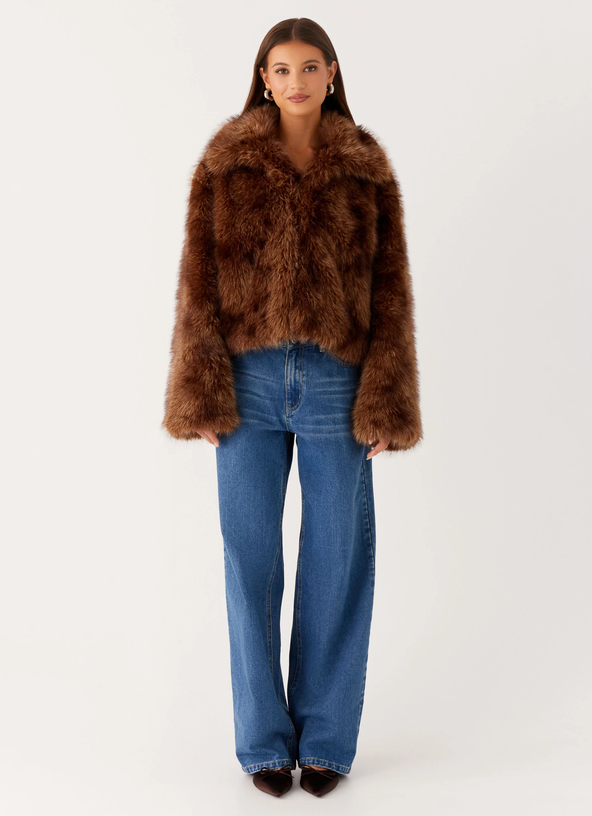 Miccy Cropped Faux Fur Coat - Chocolate - Image 3