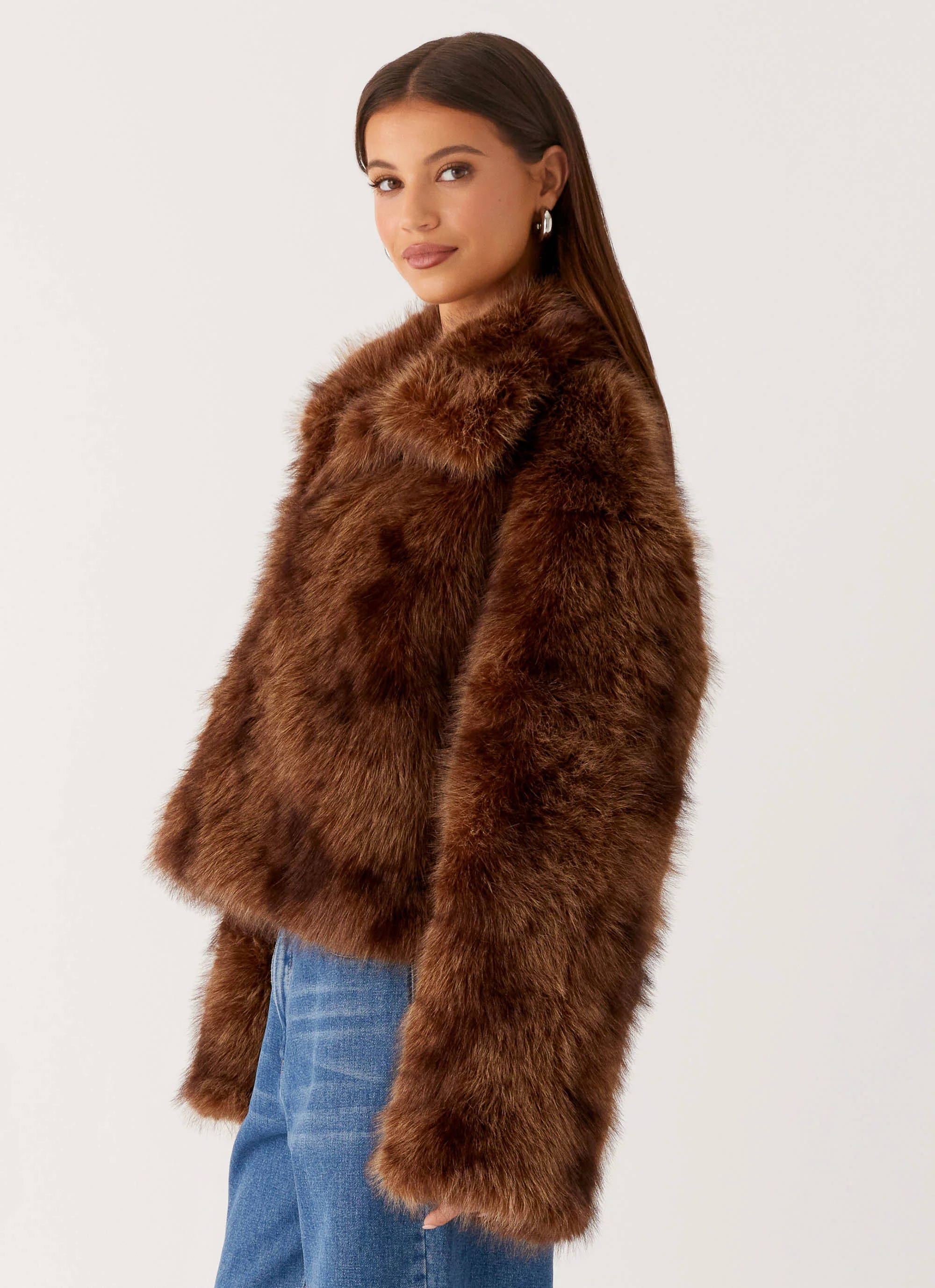 Miccy Cropped Faux Fur Coat - Chocolate - Image 4
