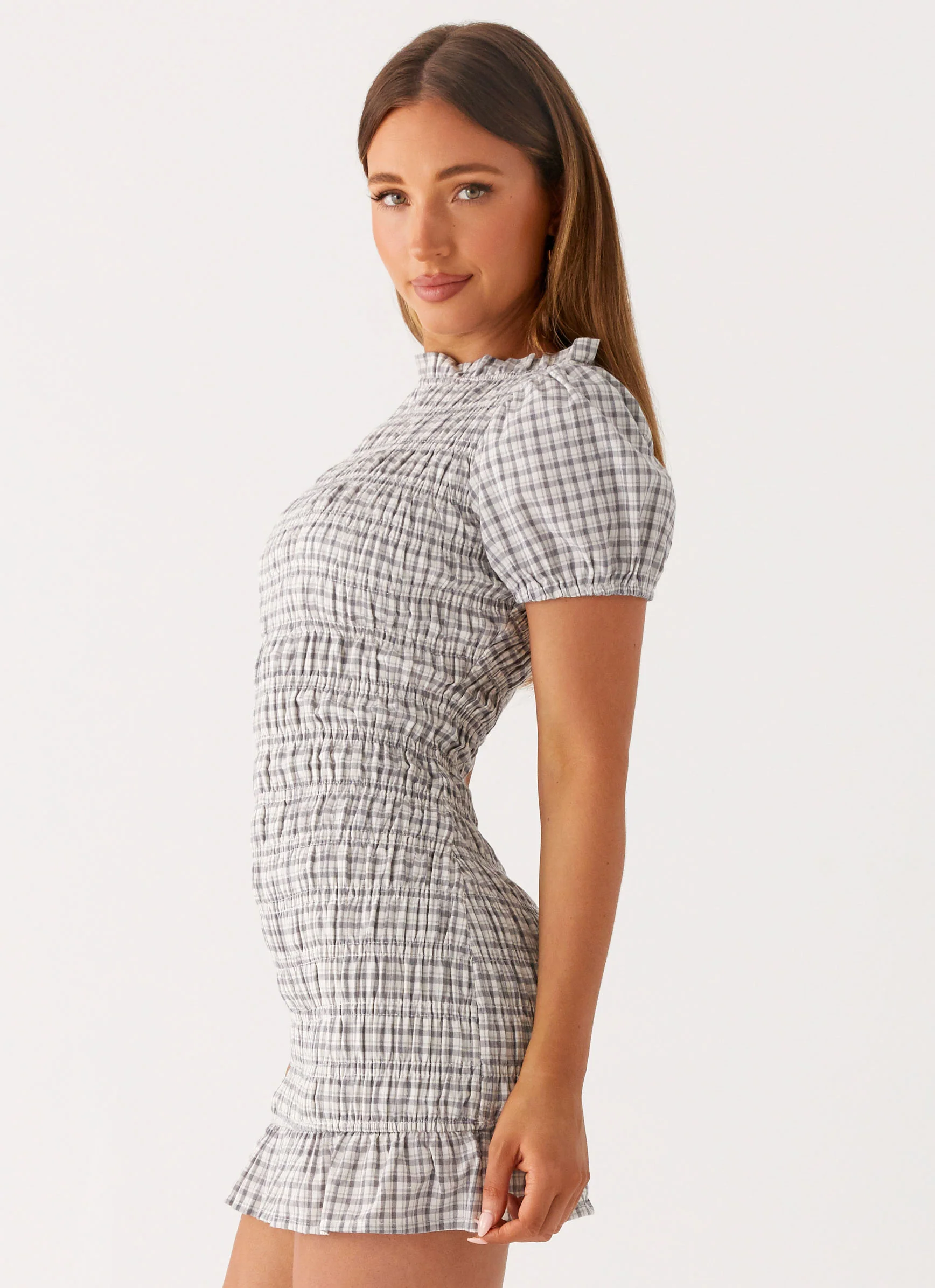 Millicent Ruched Mini Dress - Grey Check - Image 2