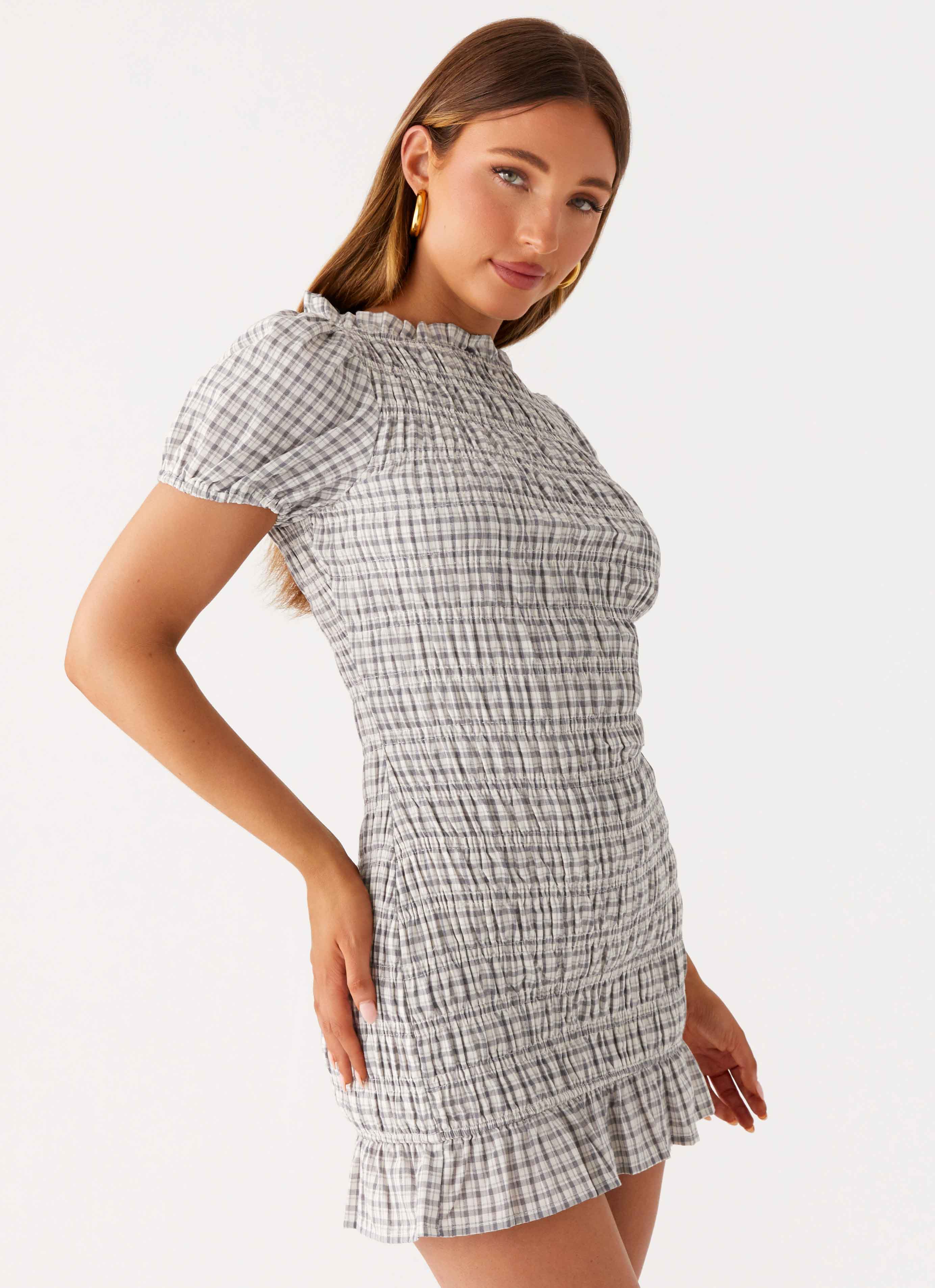 Millicent Ruched Mini Dress - Grey Check - Image 5