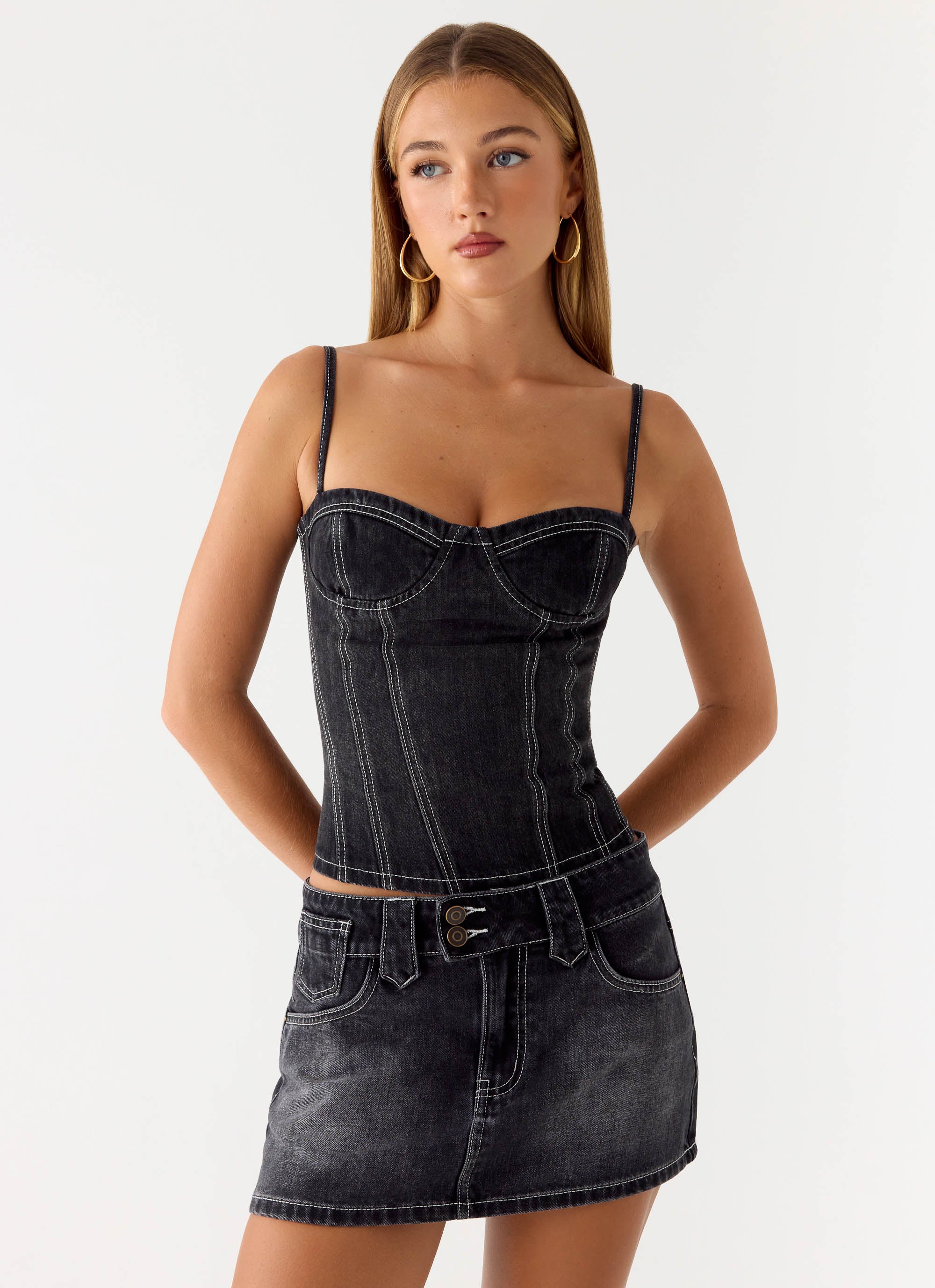 Nathan Super Low Rise Denim Mini Skirt - Washed Black - Image 5