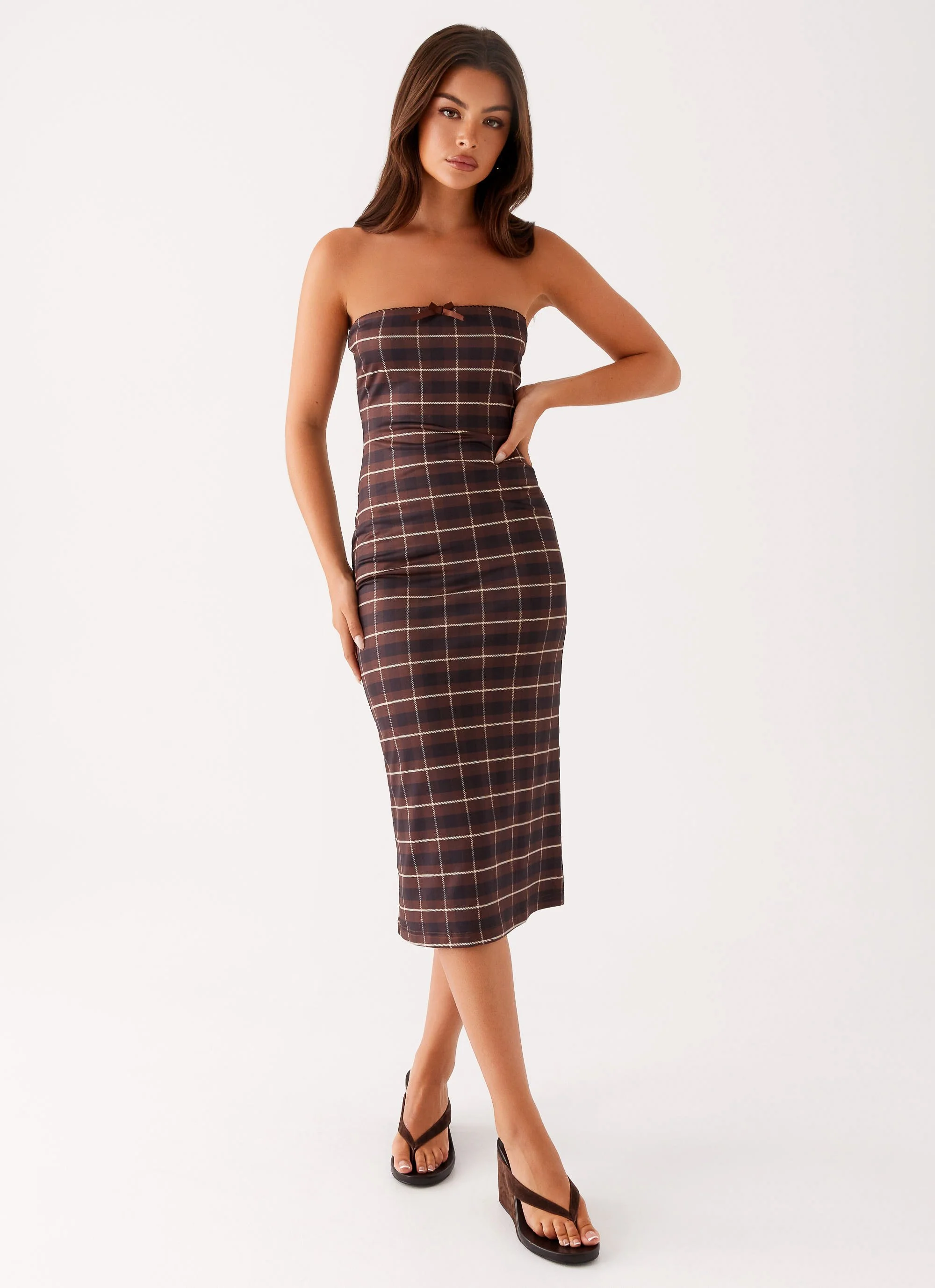 Niko Strapless Midi Dress - Brown Black Check - Image 6