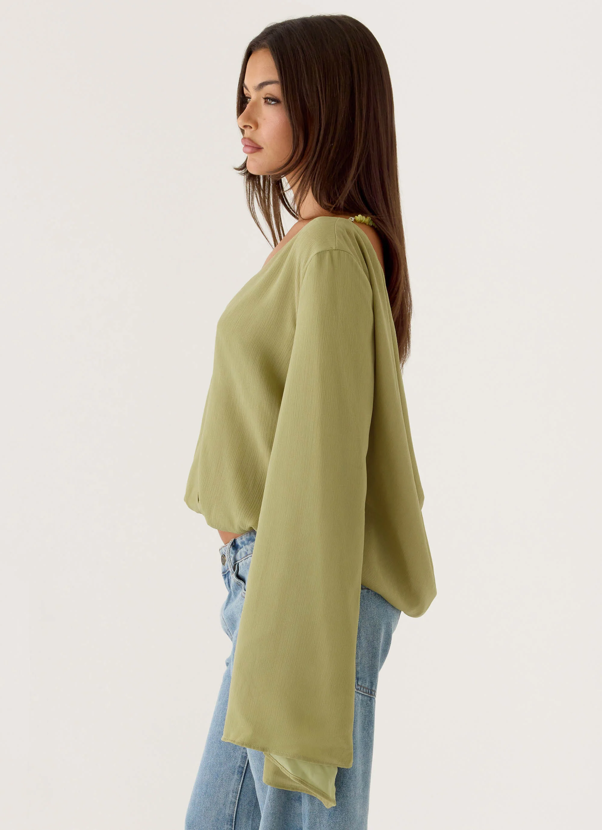 Orelia Long Sleeve Top - Green Olive - Image 3