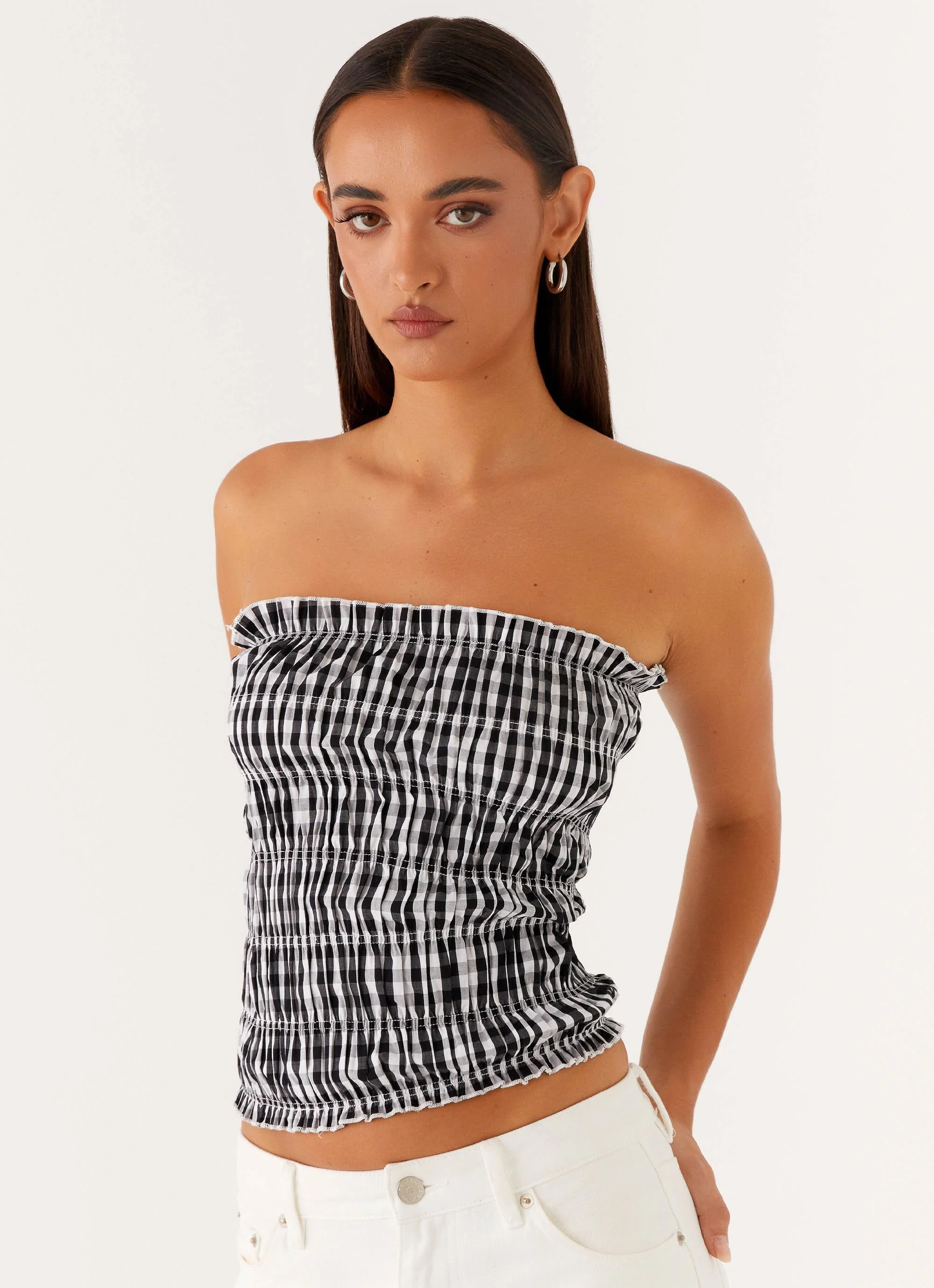 Orion Strapless Ruched Top - Black/White Gingham - Image 6