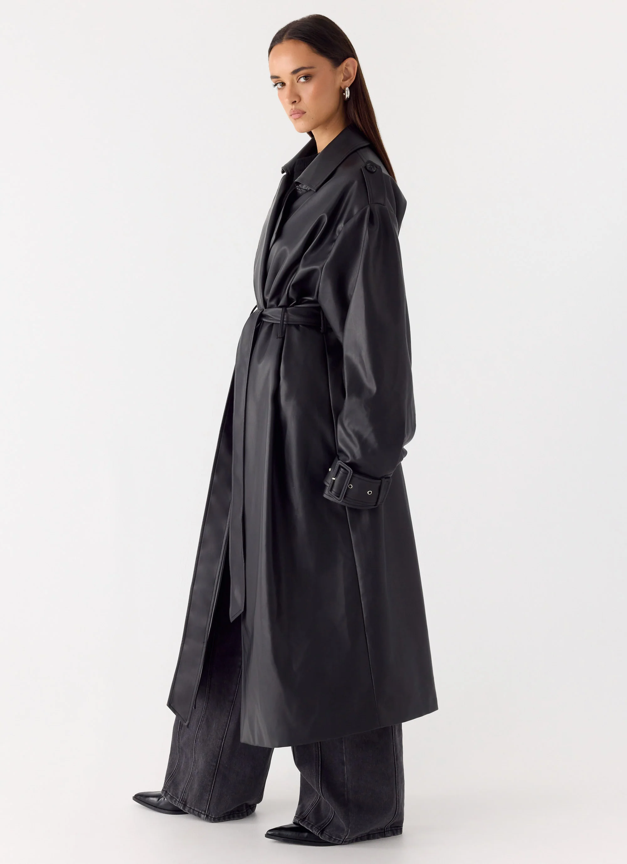 Out On The Town Faux Leather Midi Trench - Black - Image 5