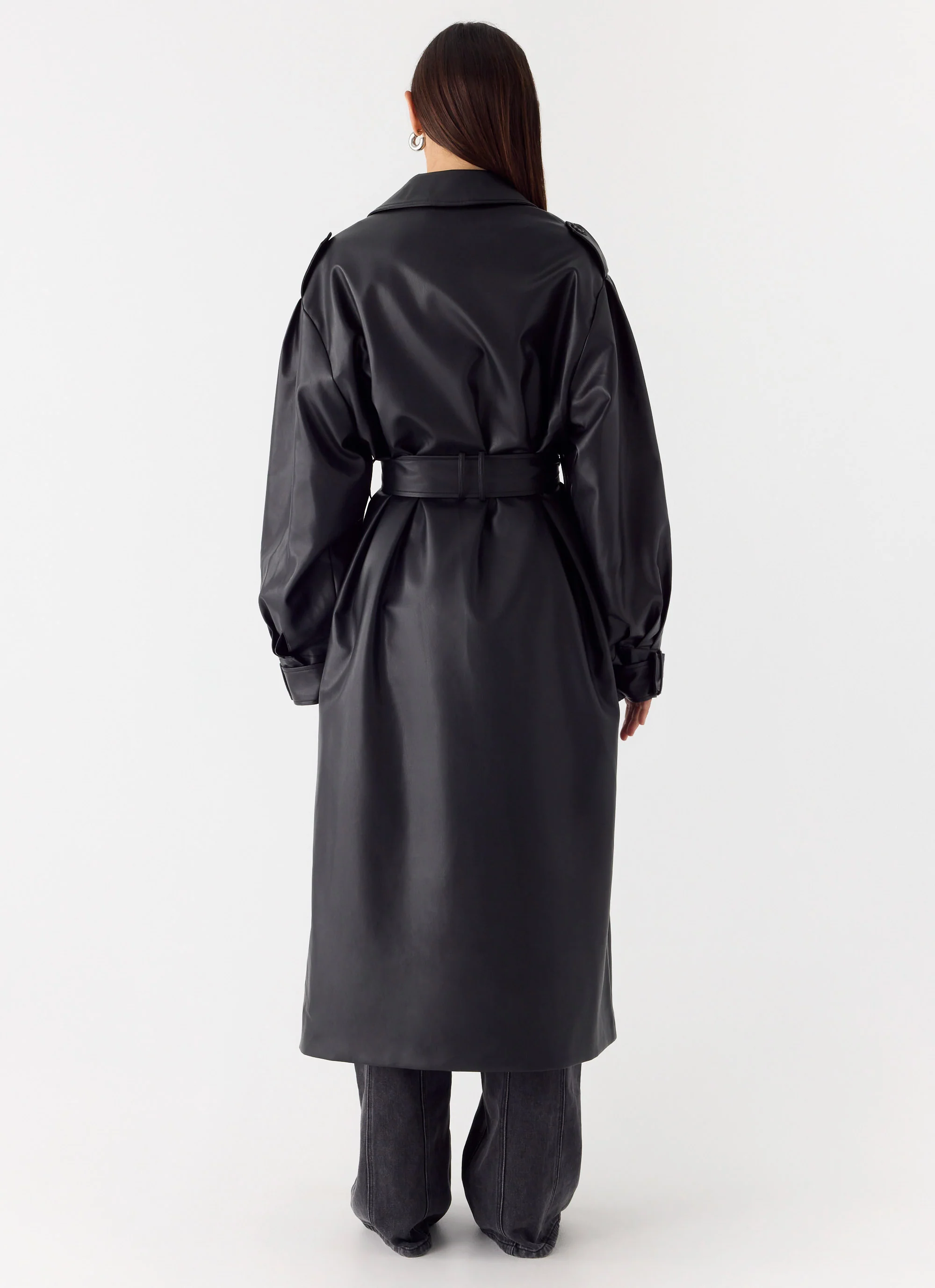 Out On The Town Faux Leather Midi Trench - Black - Image 6