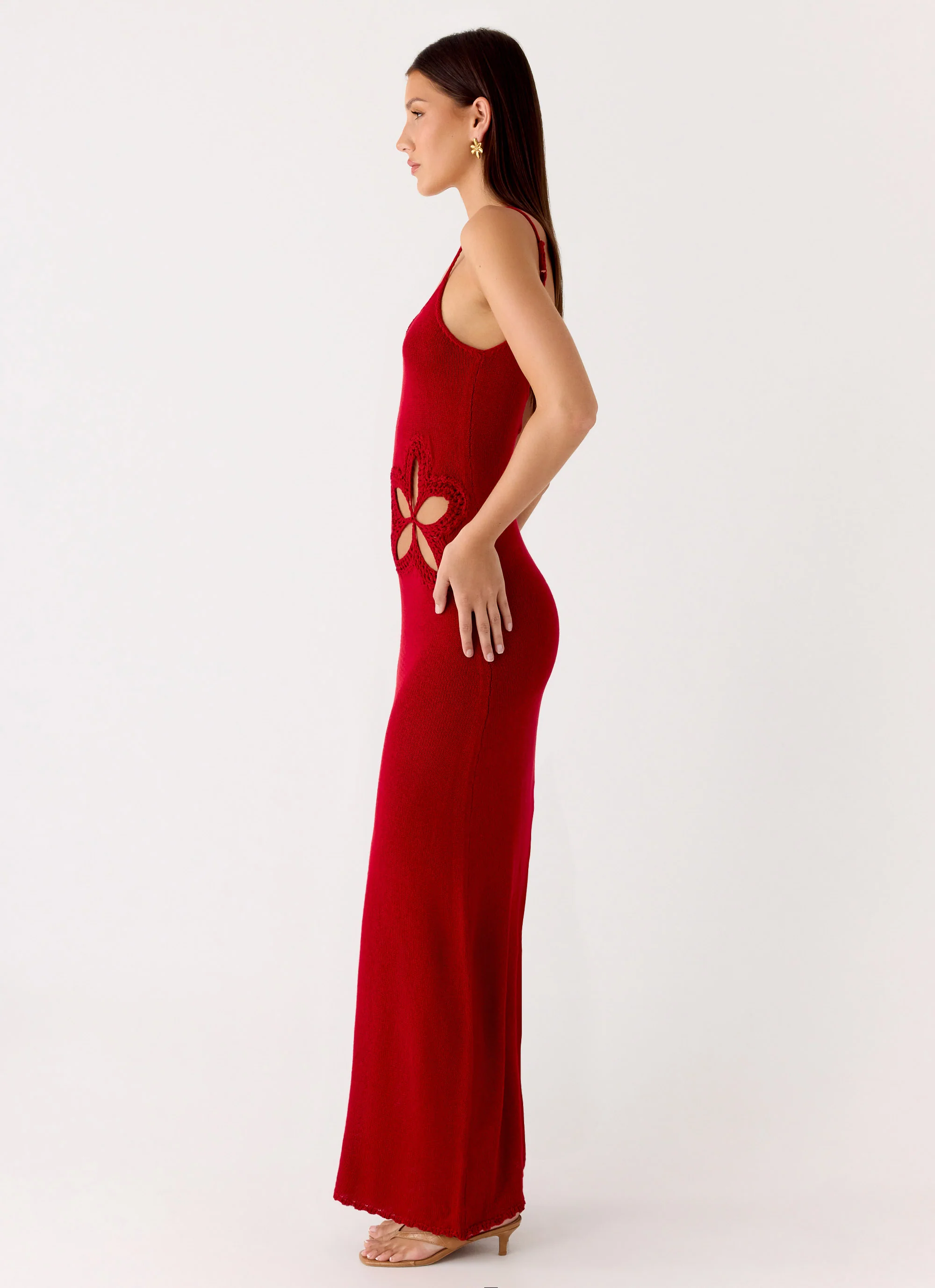 Palm Breeze Flower Crochet Maxi Dress - Burnt Red - Image 2