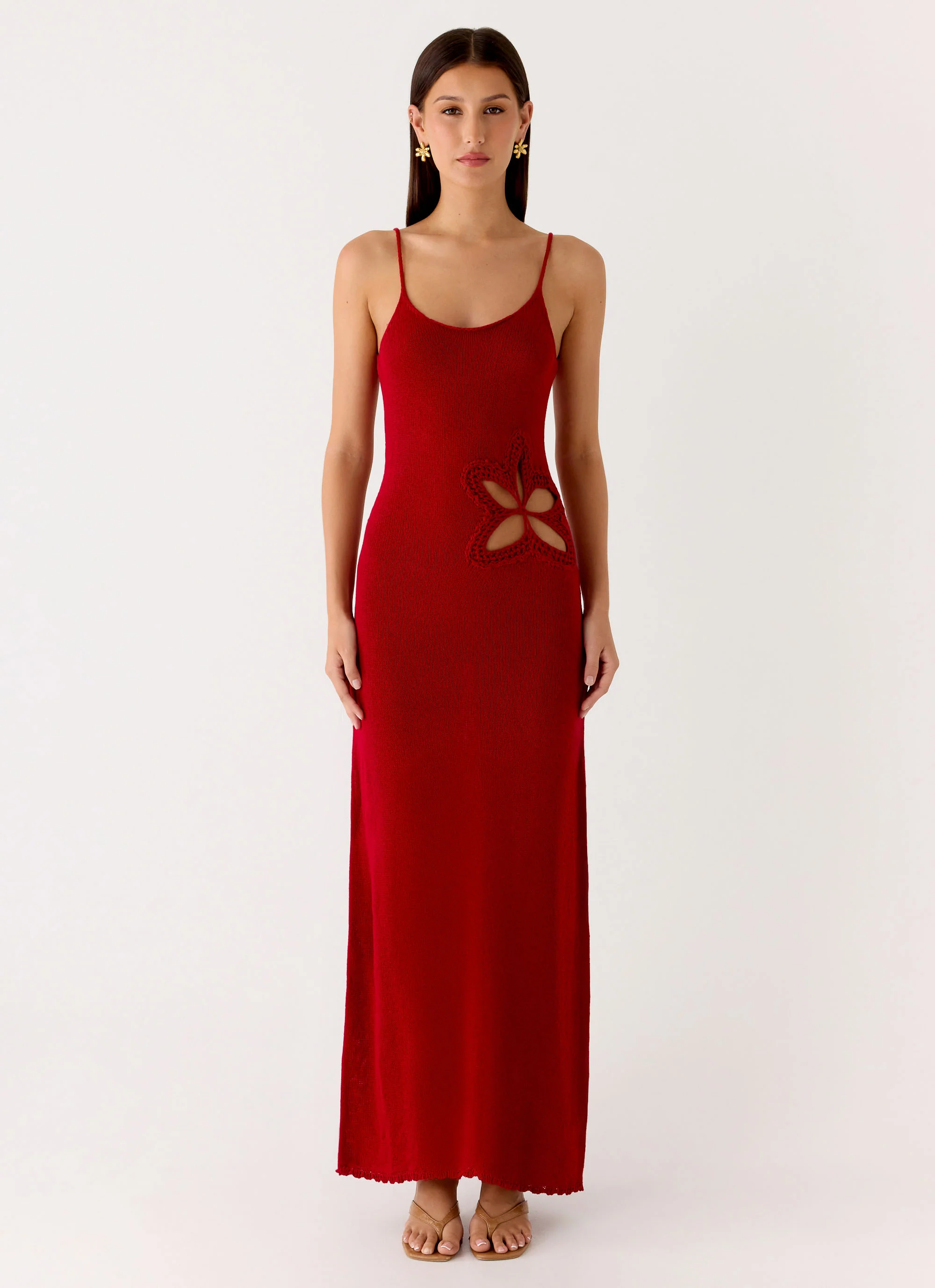 Palm Breeze Flower Crochet Maxi Dress - Burnt Red - Image 4