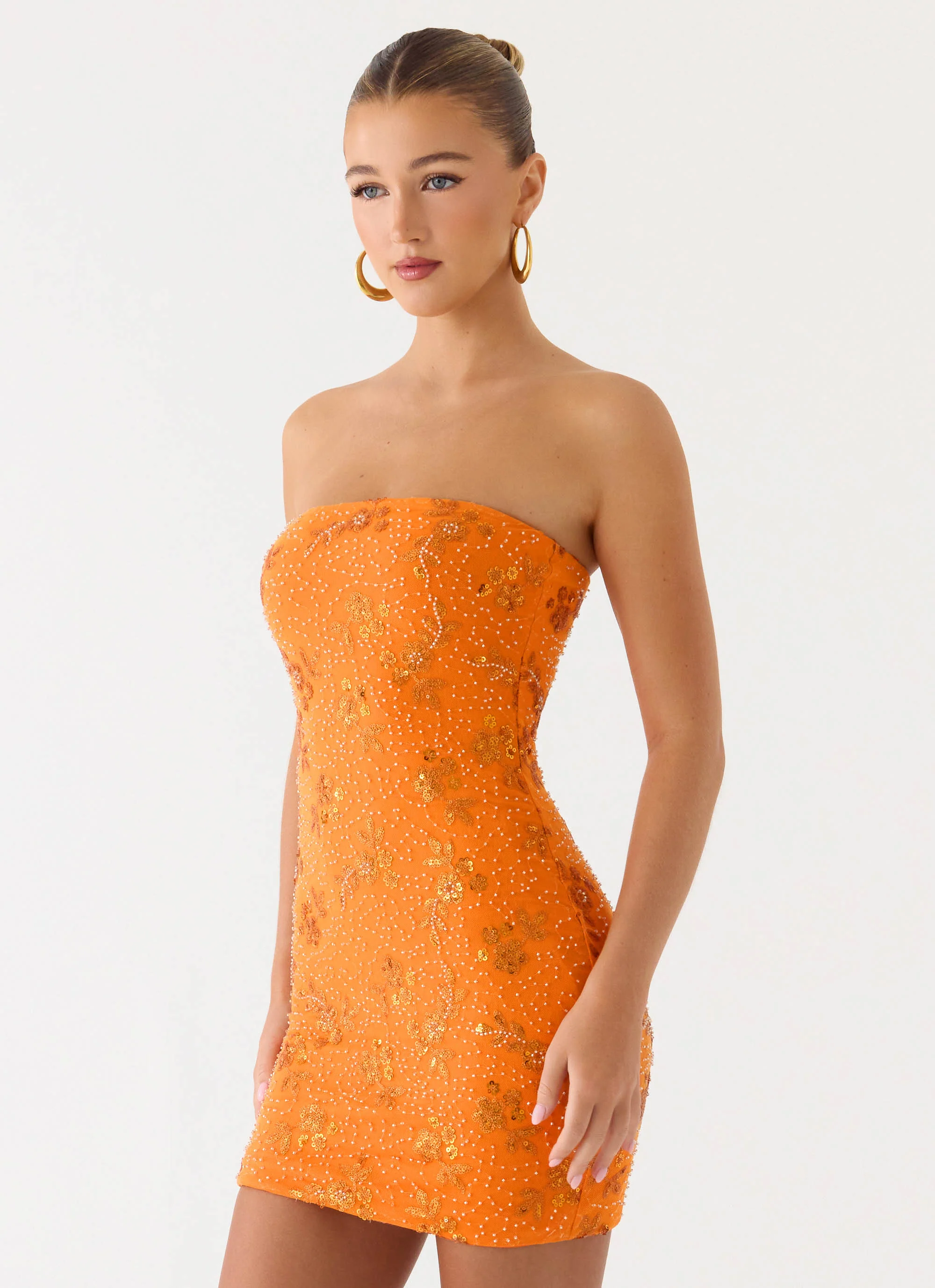 Push Back Beaded Sequin Mini Dress - Orange - Image 3