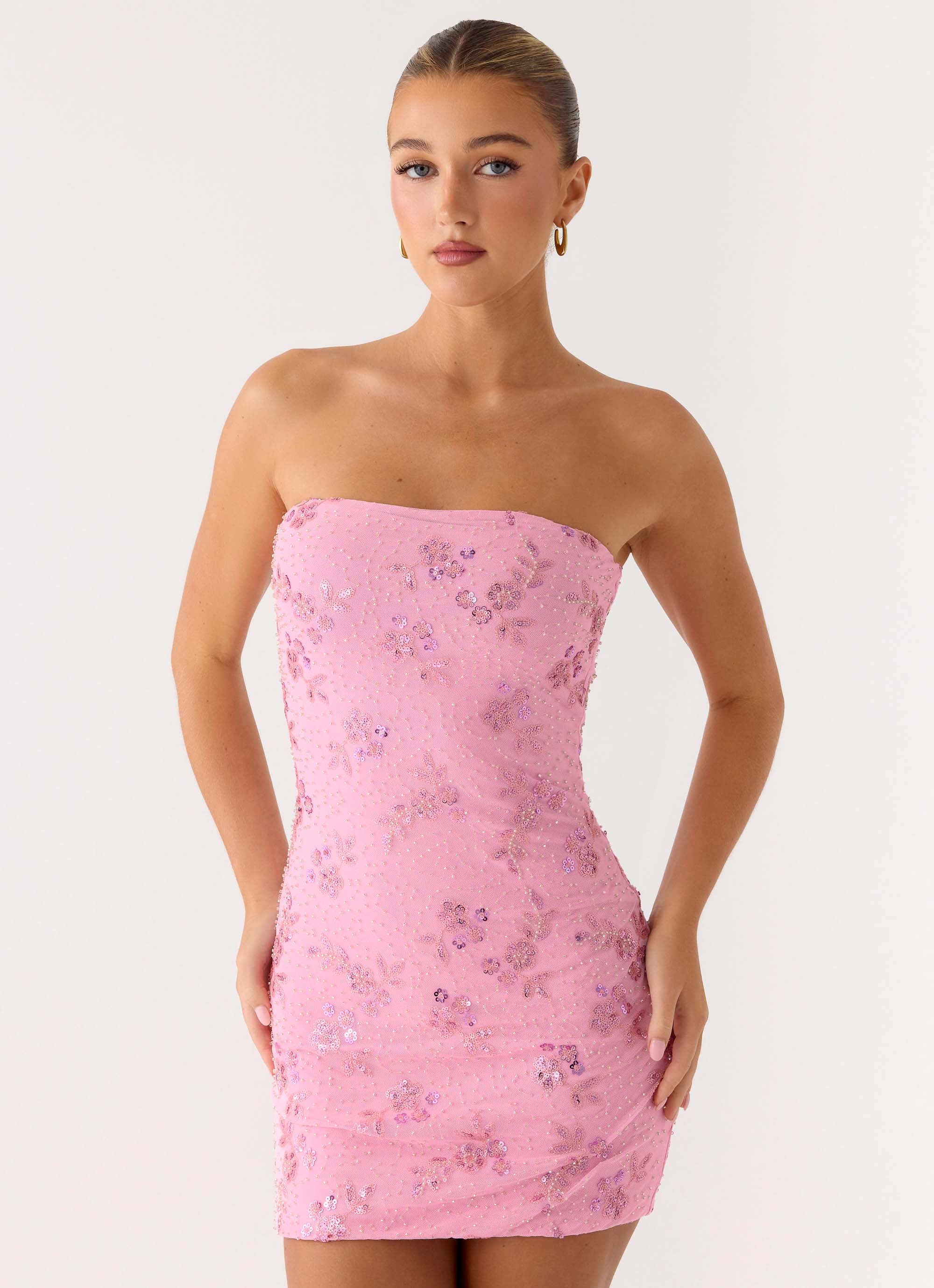 Push Back Beaded Sequin Mini Dress - Pink - Image 7
