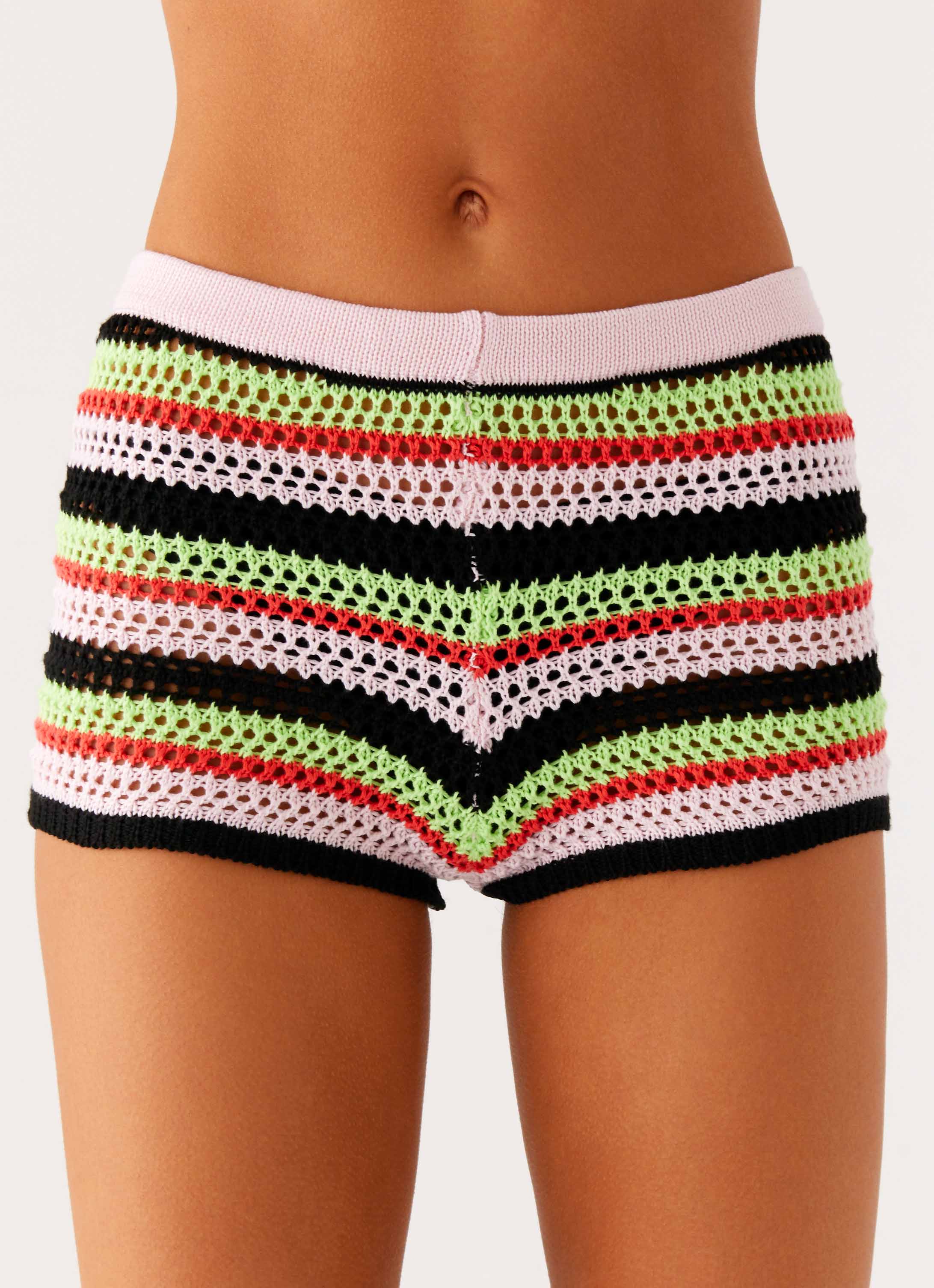 Rahnei Crochet Mini Shorts - Pink Green Black Stripe - Image 6