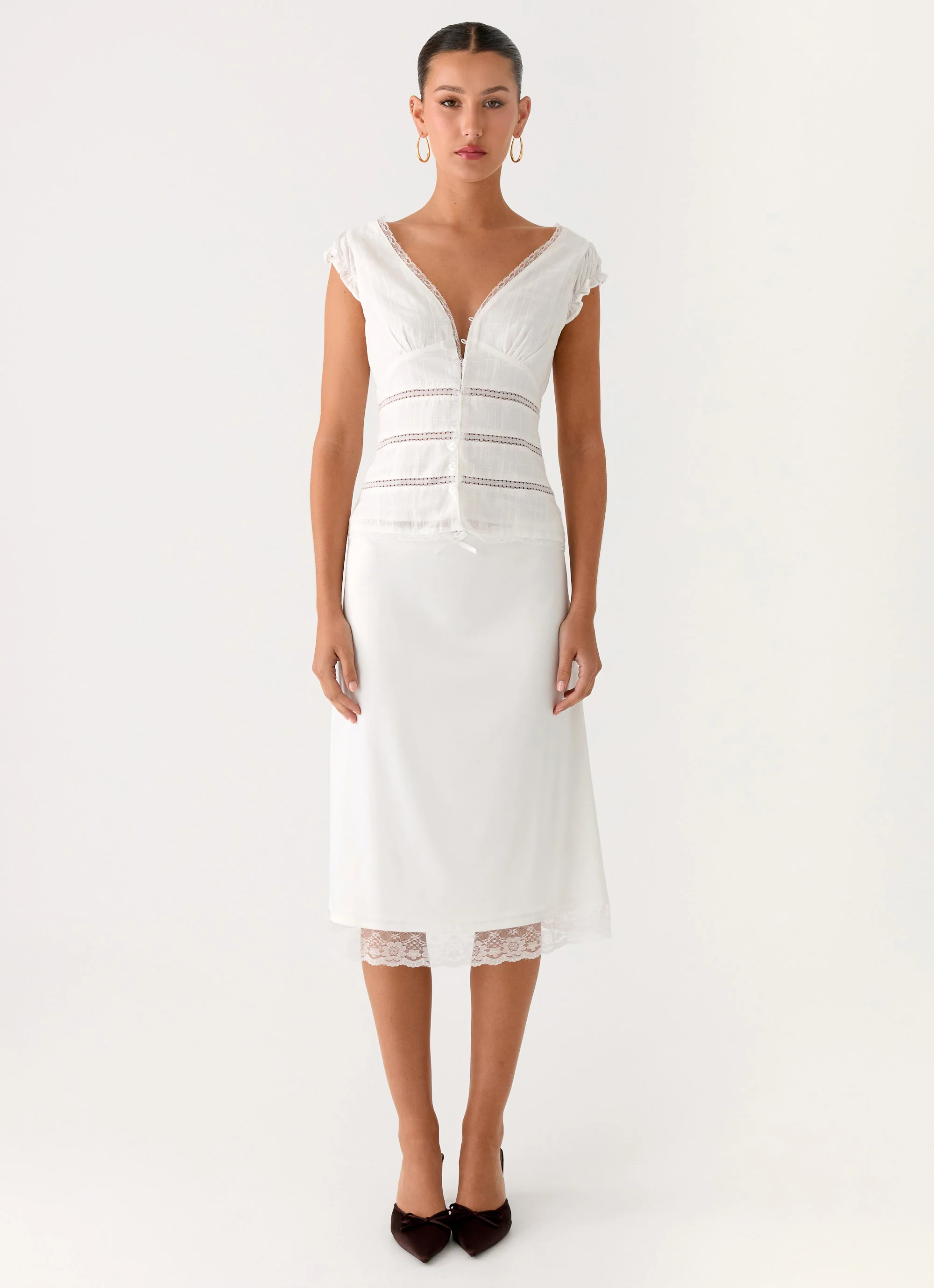 Rina Low Rise Satin Midi Skirt - White - Image 6