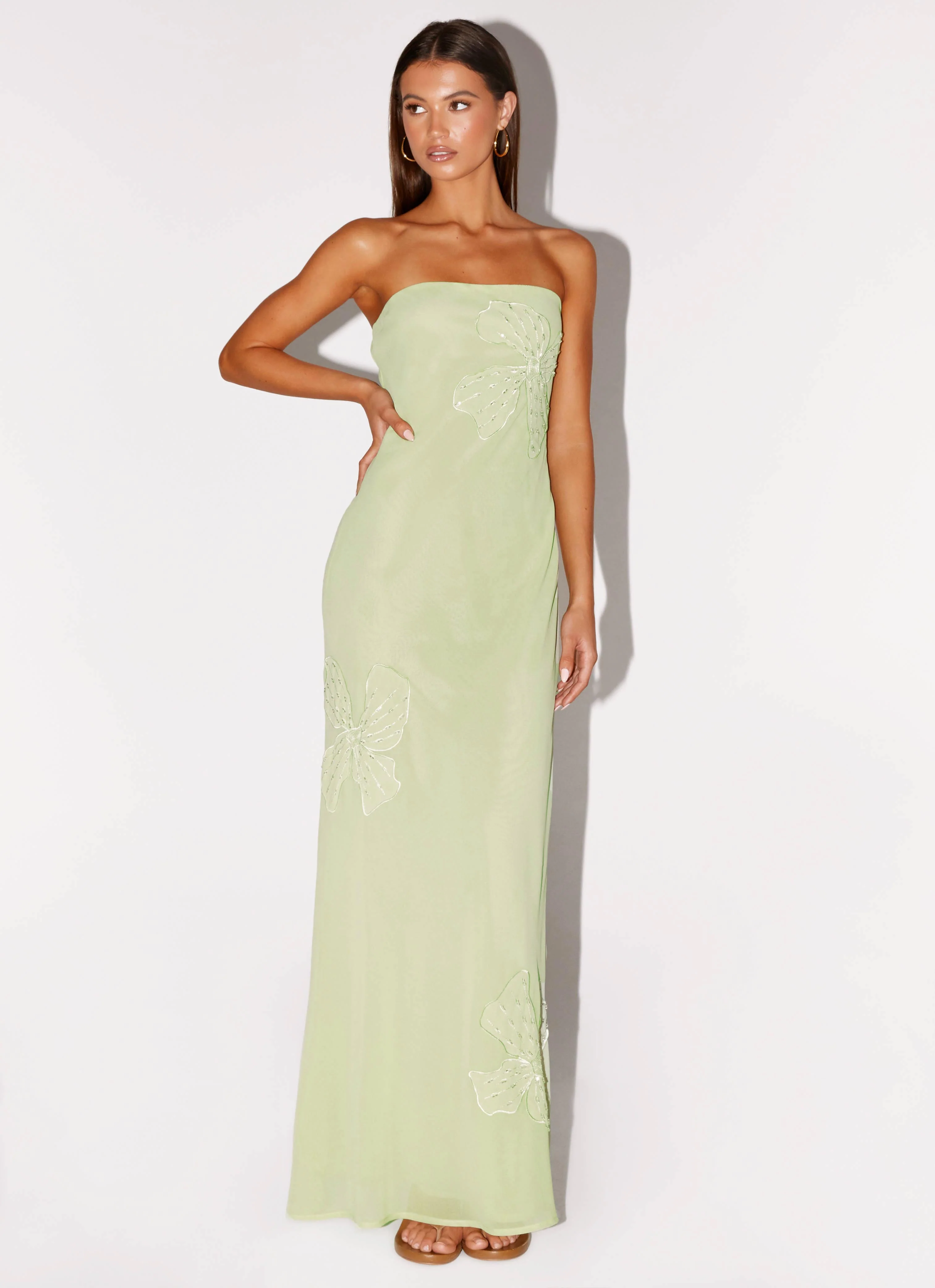 Sassafras Beaded Flower Strapless Maxi Dress - Lime - Image 4