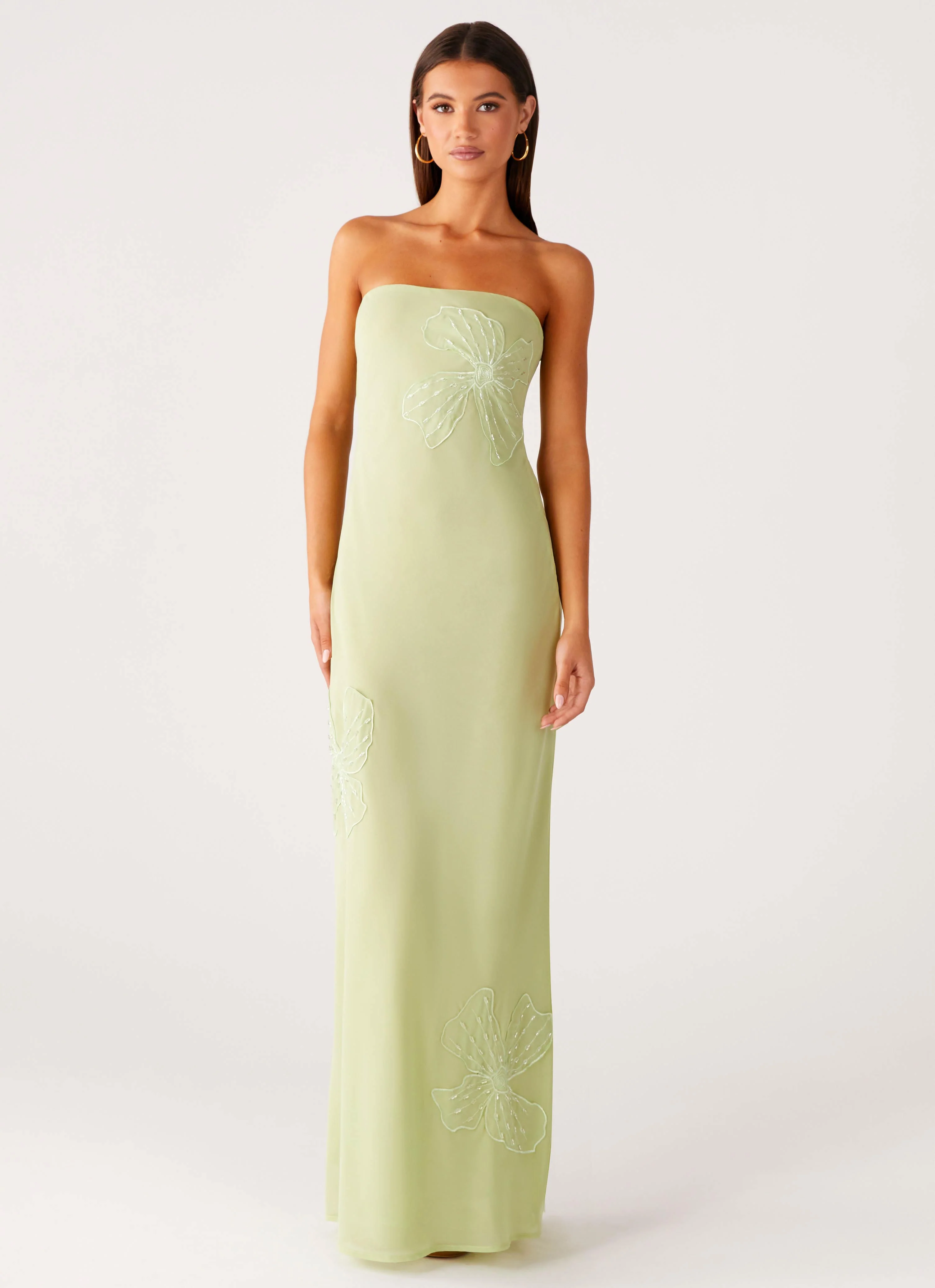 Sassafras Beaded Flower Strapless Maxi Dress - Lime - Image 5