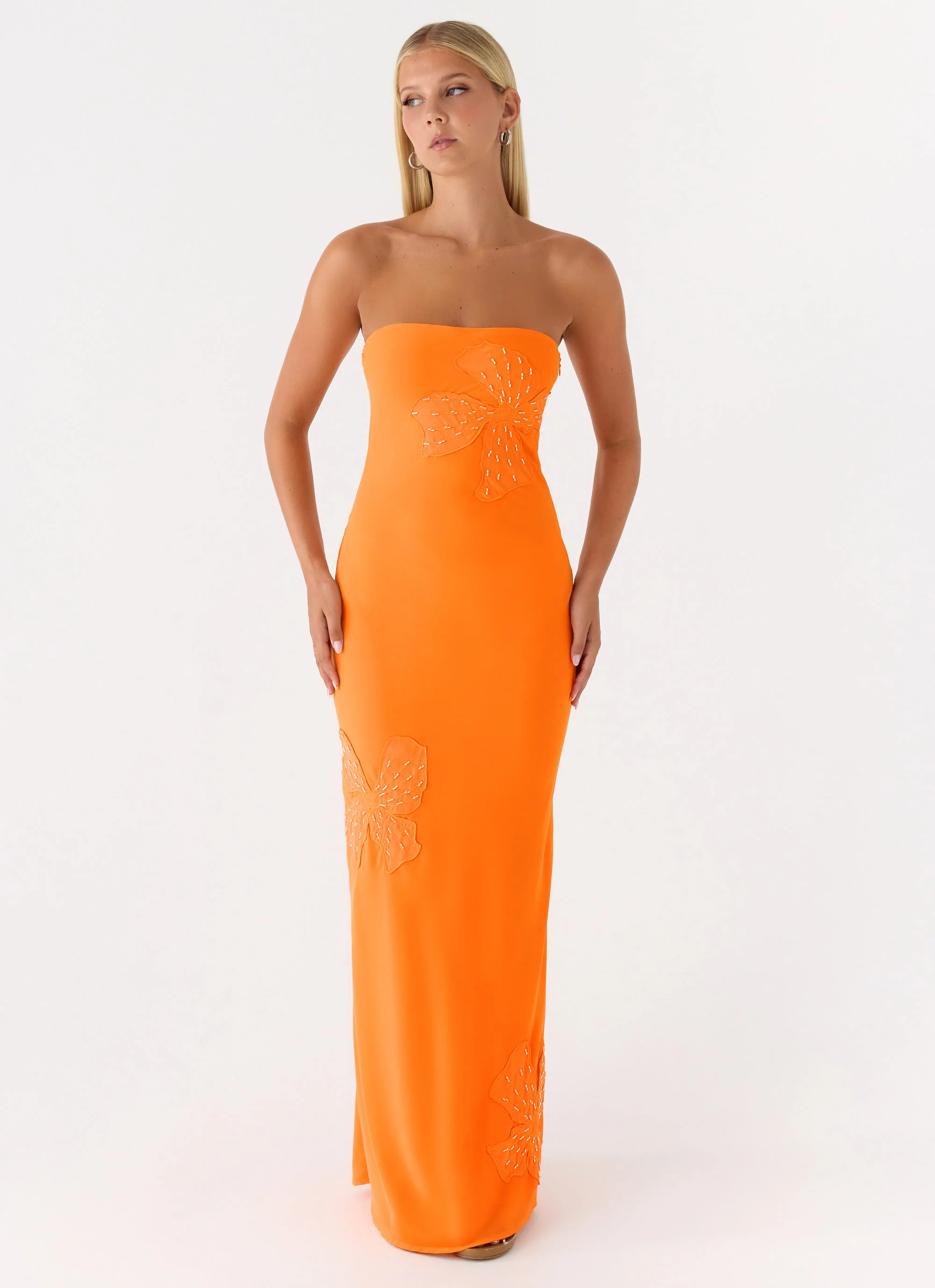 Sassafras Beaded Flower Strapless Maxi Dress - Orange - Image 4