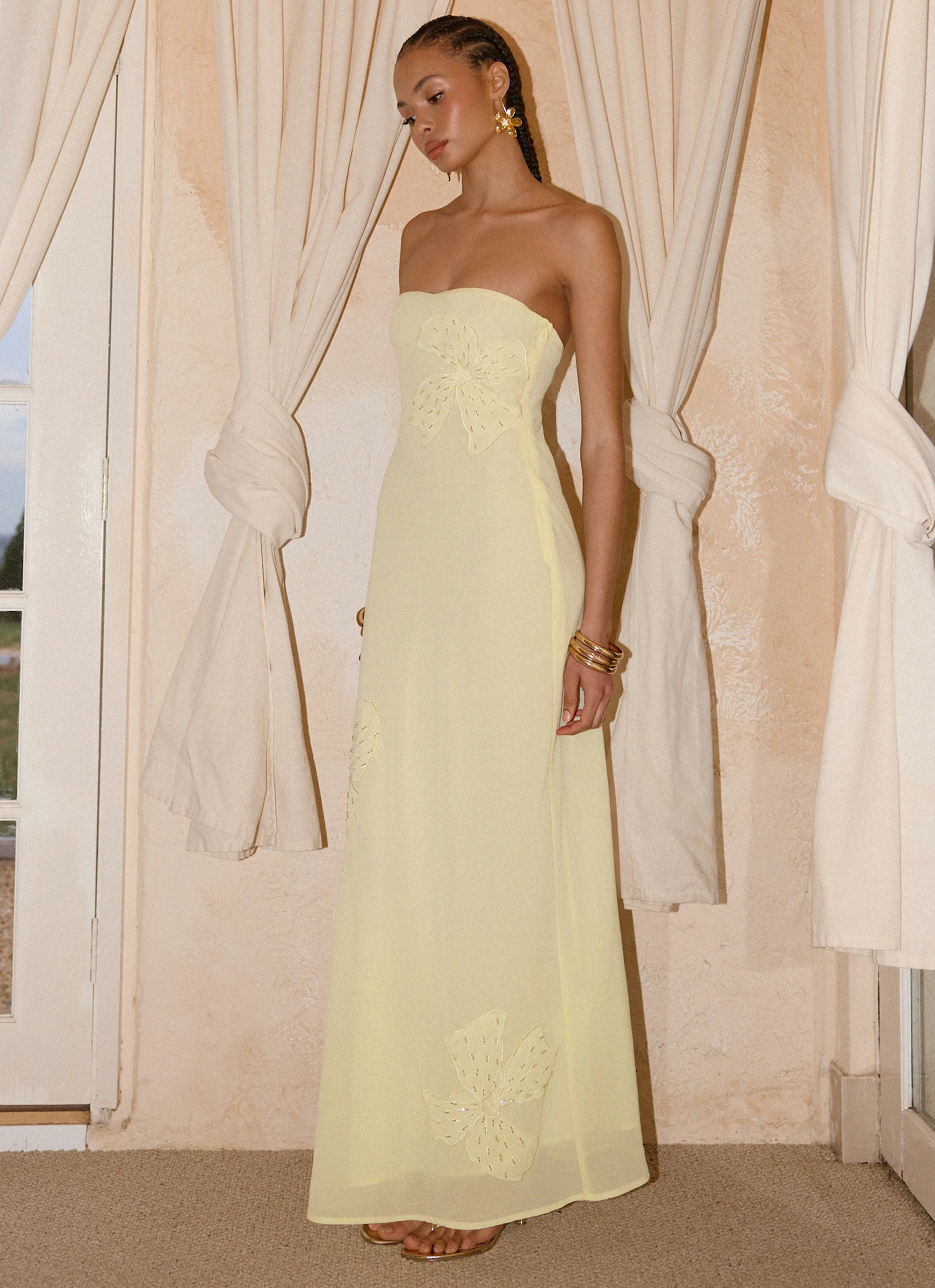 Sassafras Beaded Flower Strapless Maxi Dress - Yellow - Image 2