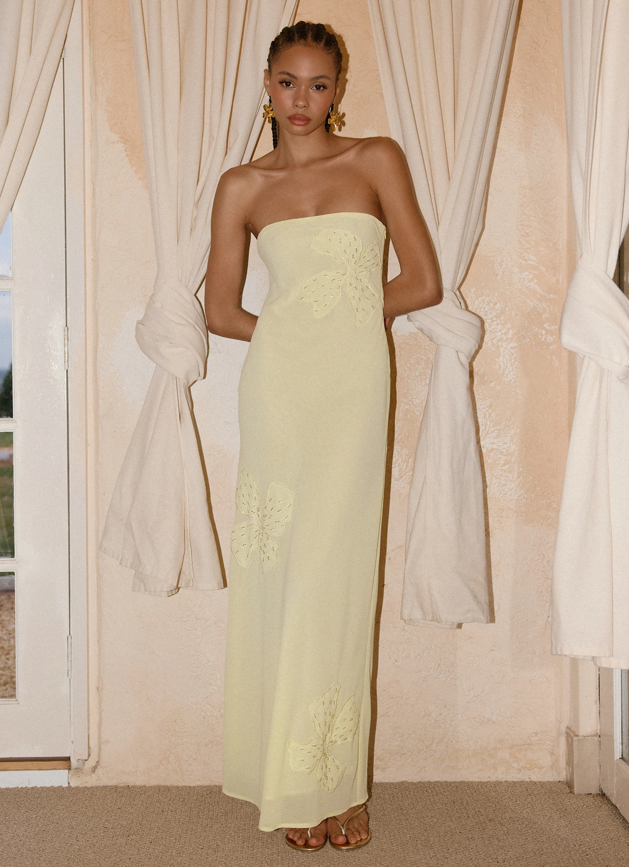 Sassafras Beaded Flower Strapless Maxi Dress - Yellow - Image 4