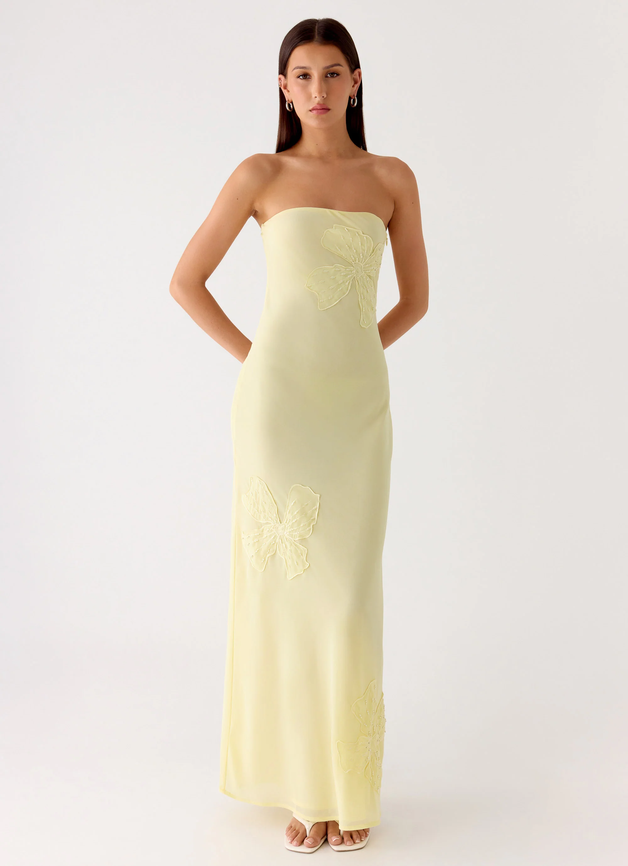 Sassafras Beaded Flower Strapless Maxi Dress - Yellow - Image 8