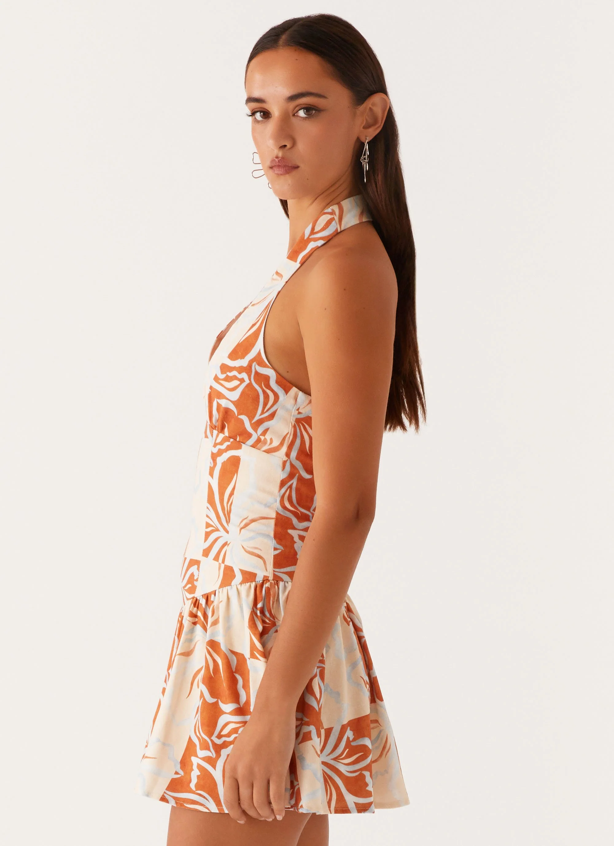 Sunset Ballad Linen Mini Dress - Orange Blue Floral - Image 4