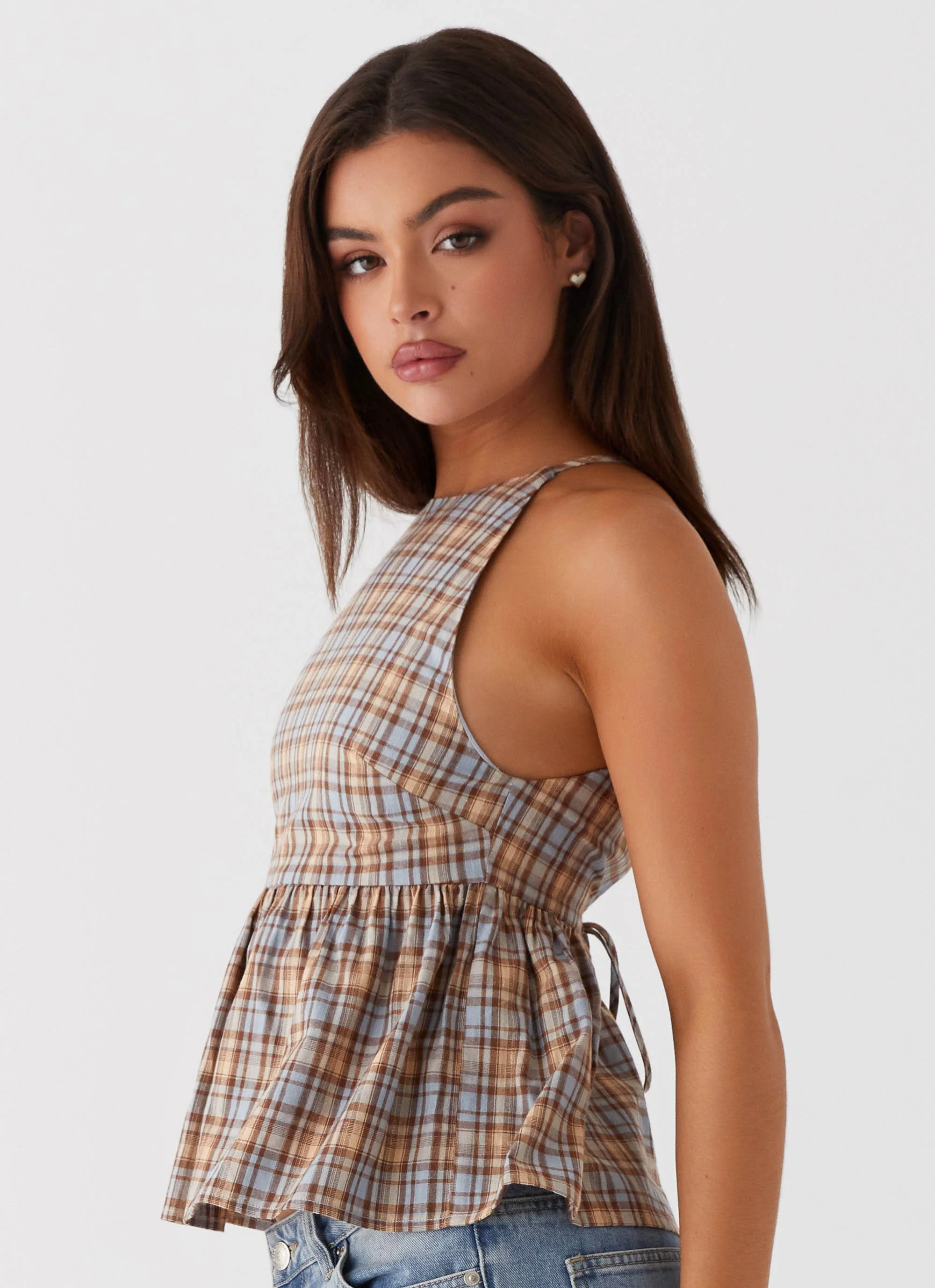 Tanith Ruffle Top - Brown Check - Image 2