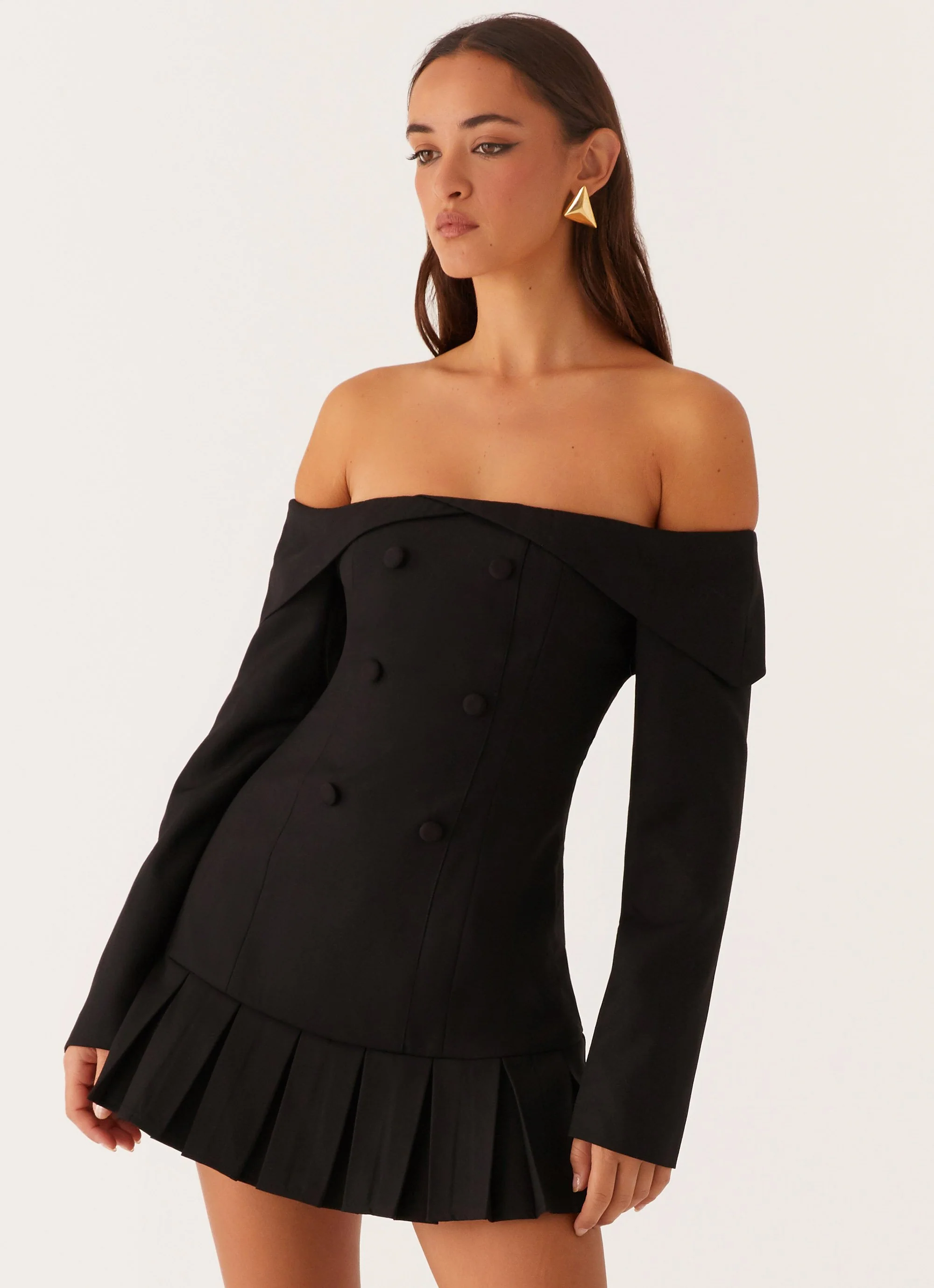 Tarlisha Off Shoulder Long Sleeve Mini Dress - Black - Image 6