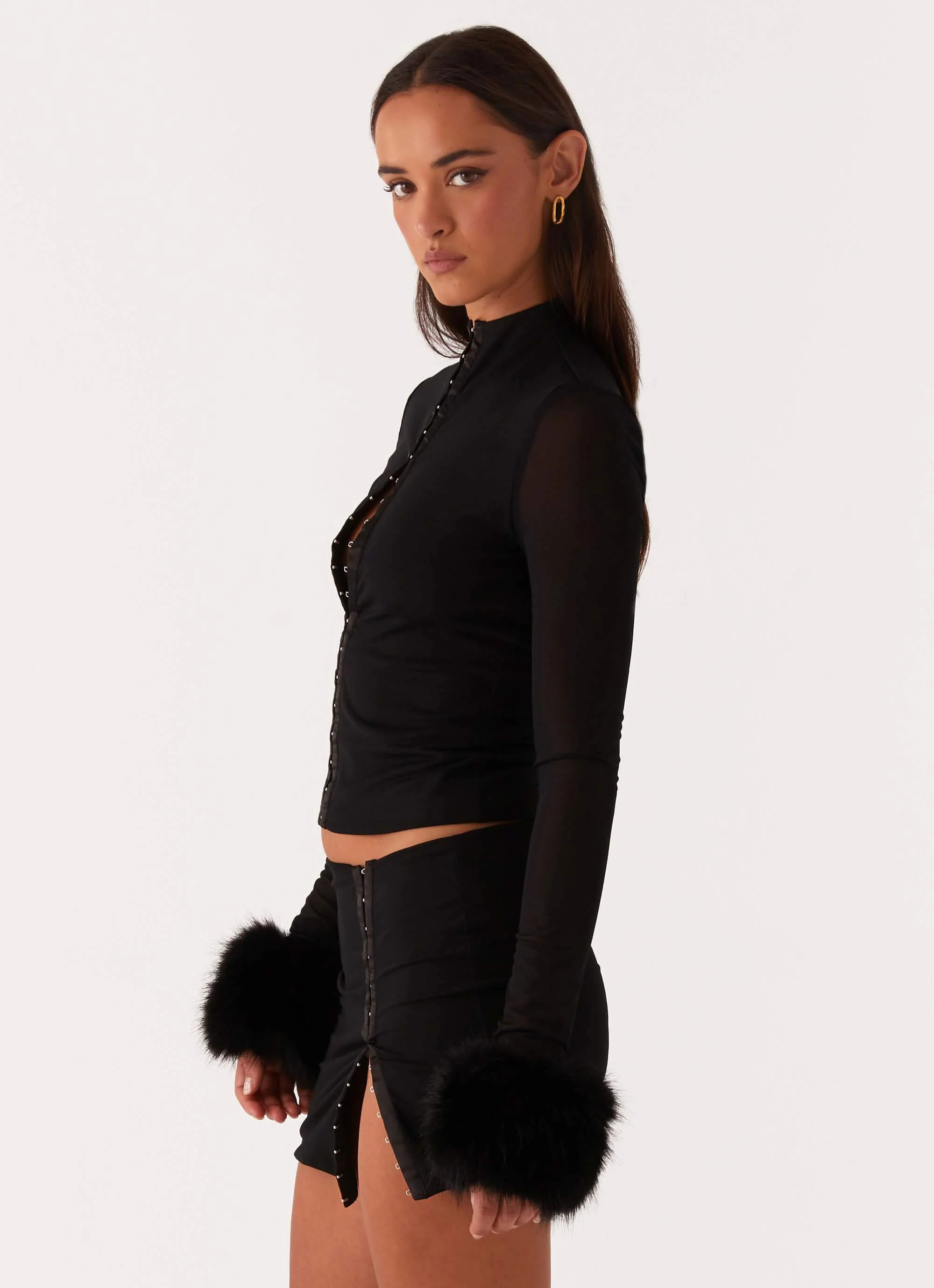 Tayanna Fur Trim Long Sleeve Top - Black - Image 3