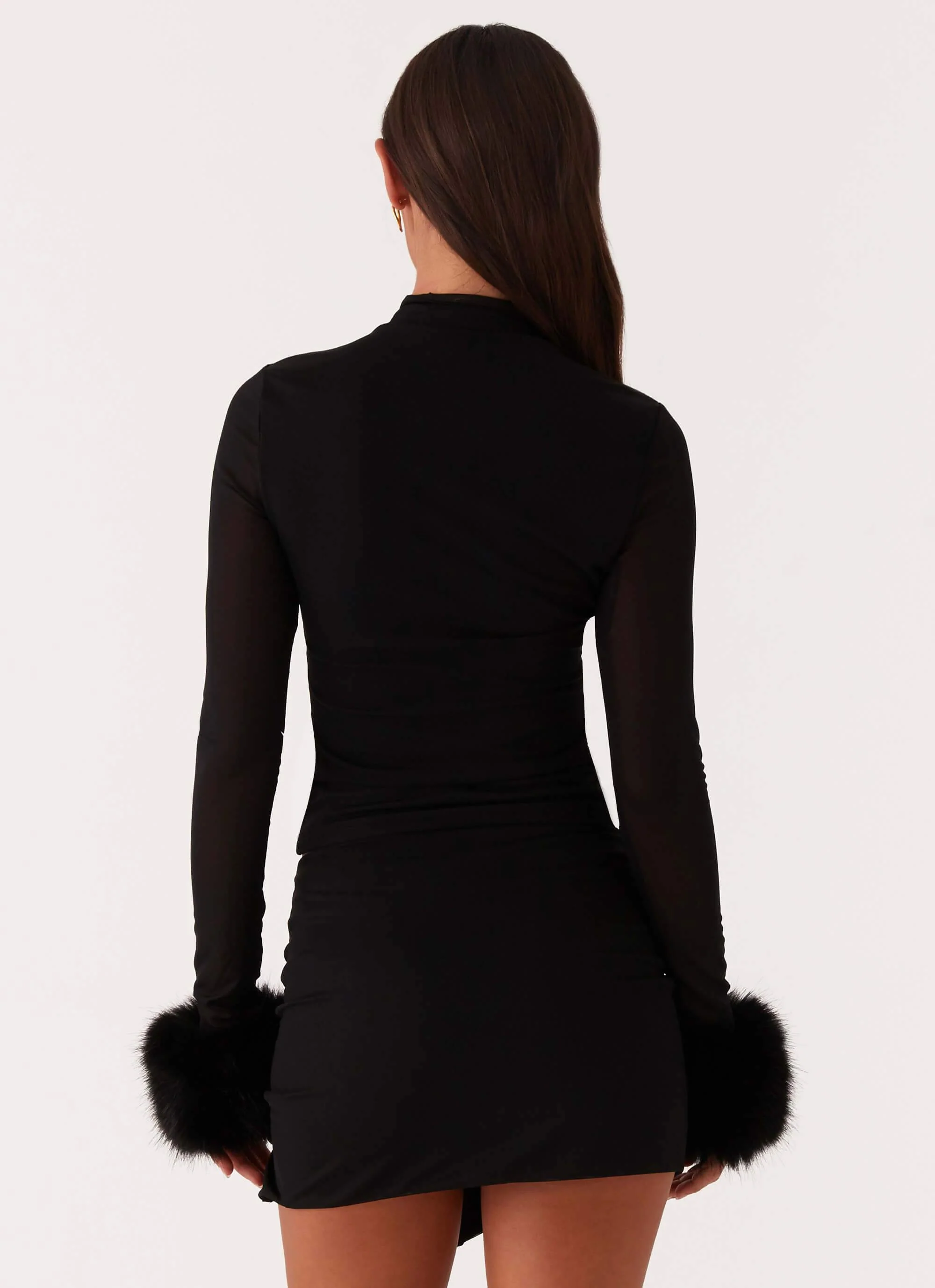 Tayanna Fur Trim Long Sleeve Top - Black - Image 4