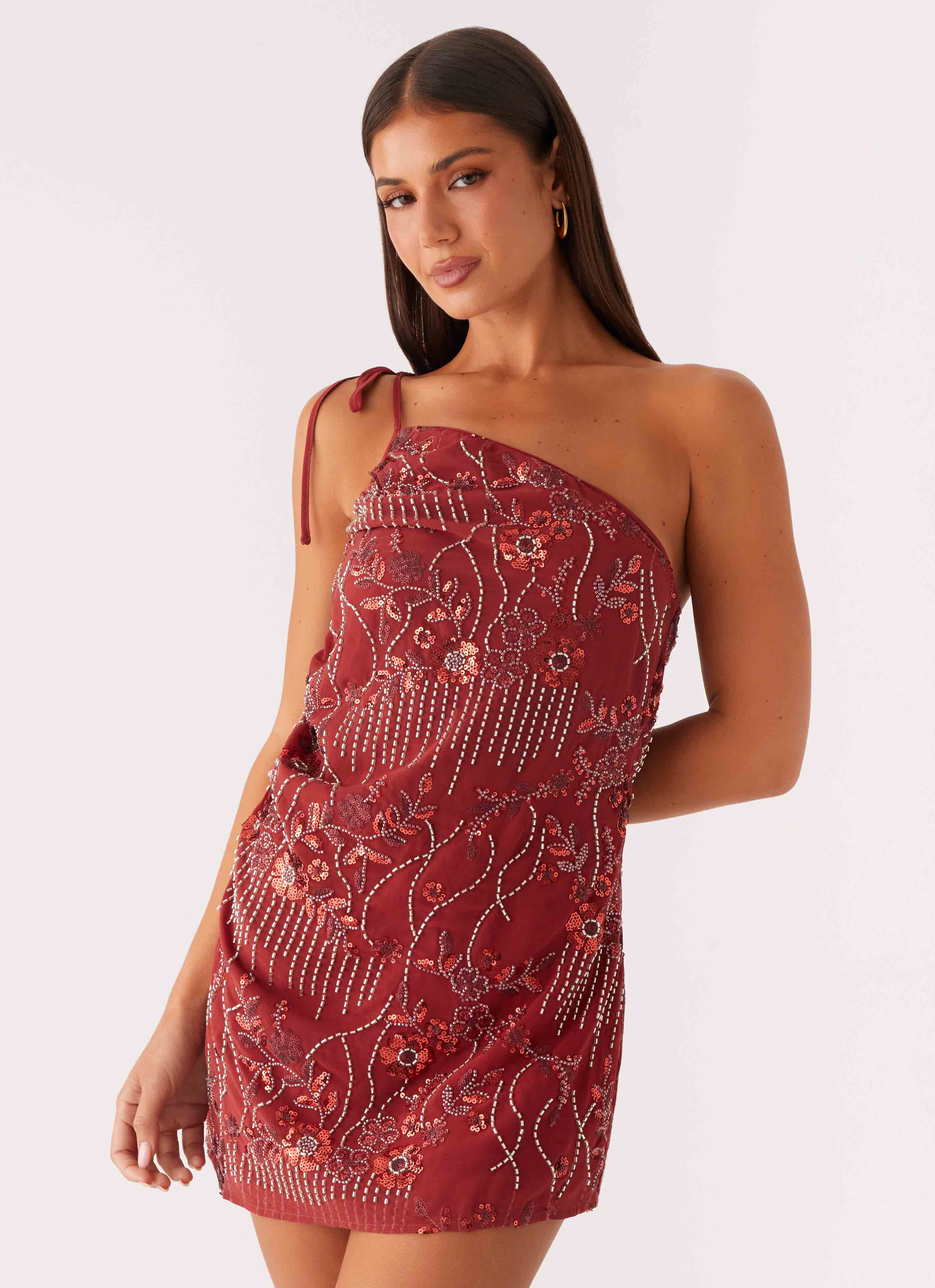 Temptational Beaded One Shoulder Mini Dress - Rust