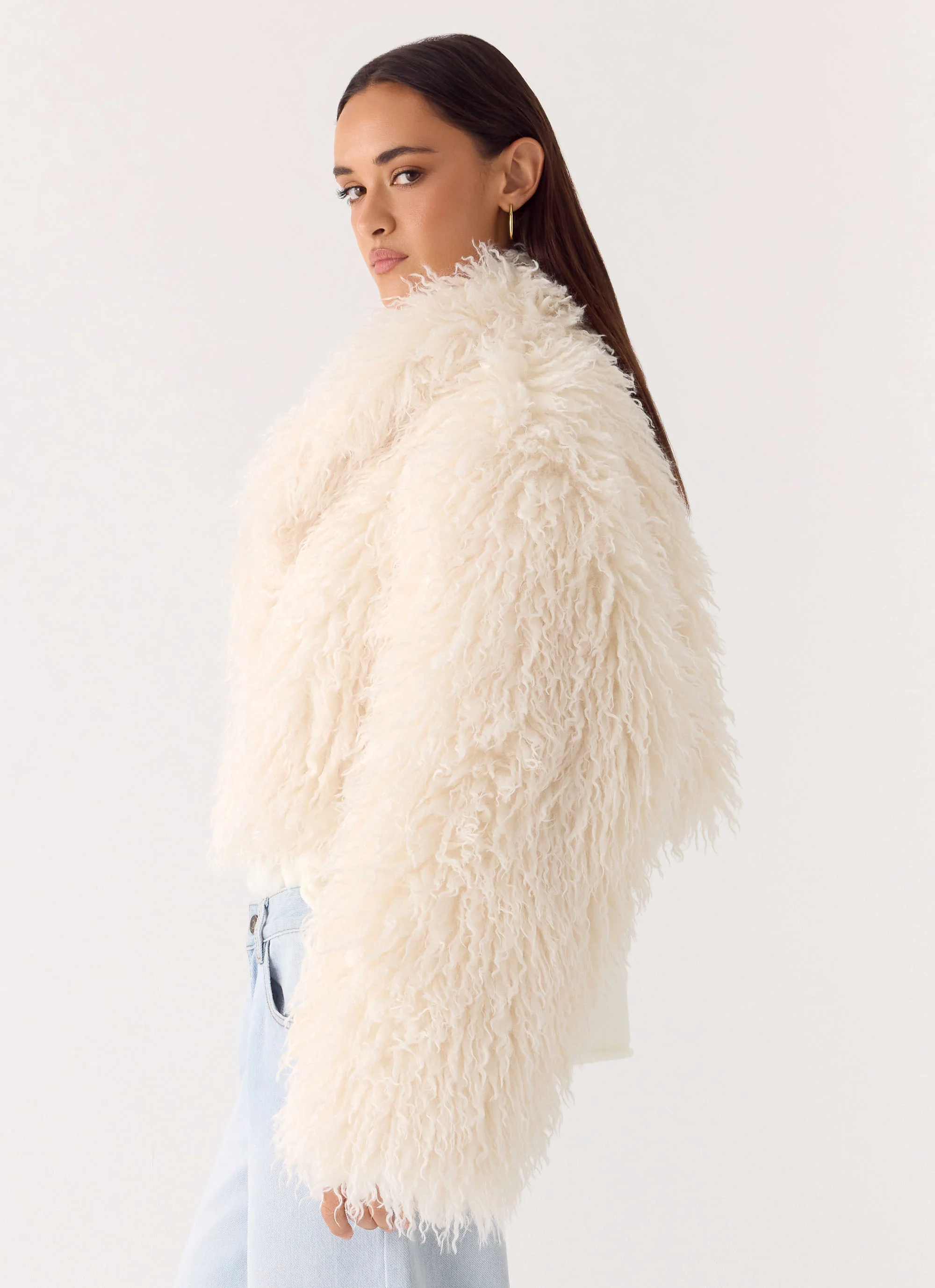 Virginia Cropped Faux Fur Jacket - Ivory - Image 5