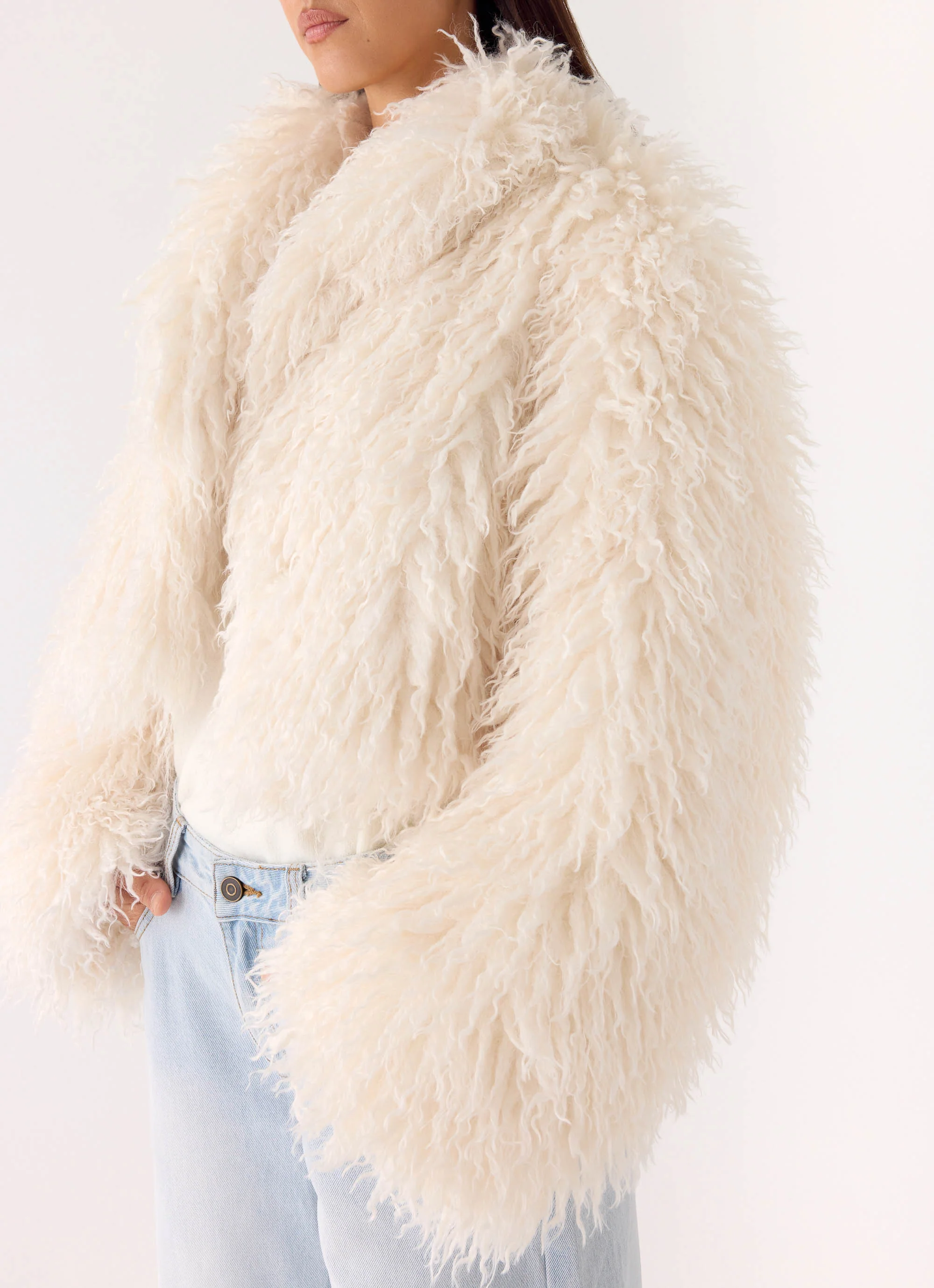 Virginia Cropped Faux Fur Jacket - Ivory - Image 7