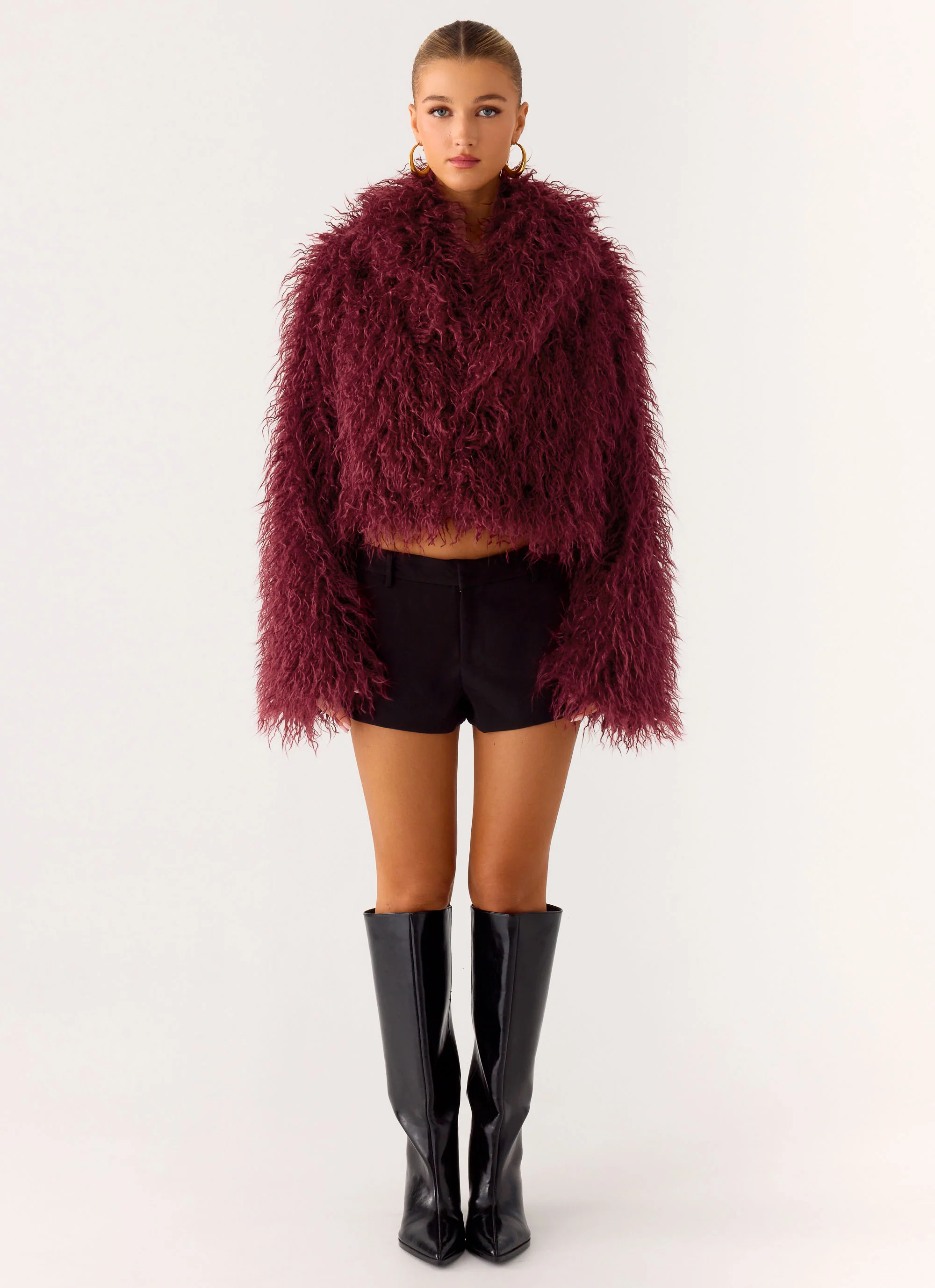 Virginia Cropped Faux Fur Jacket - Maroon - Image 6