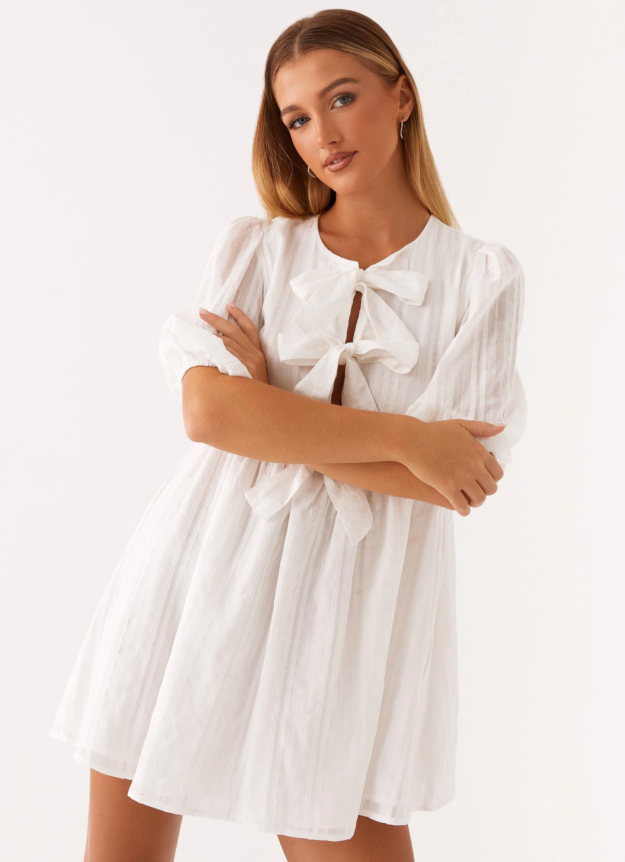 Western Wind Tie Mini Dress - White - Image 5