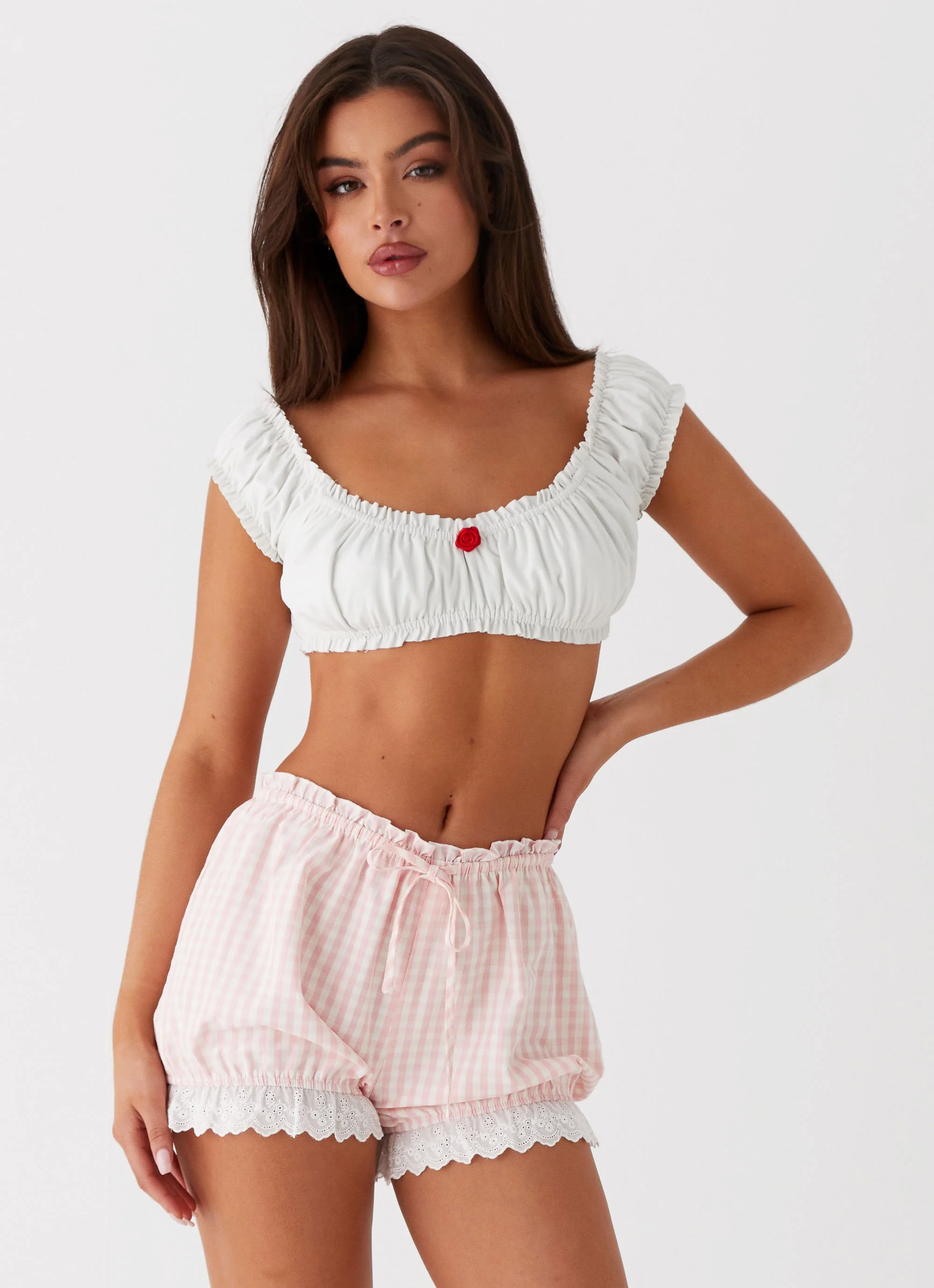 Weston Lace Trim Shorts - Pink Gingham - Image 2