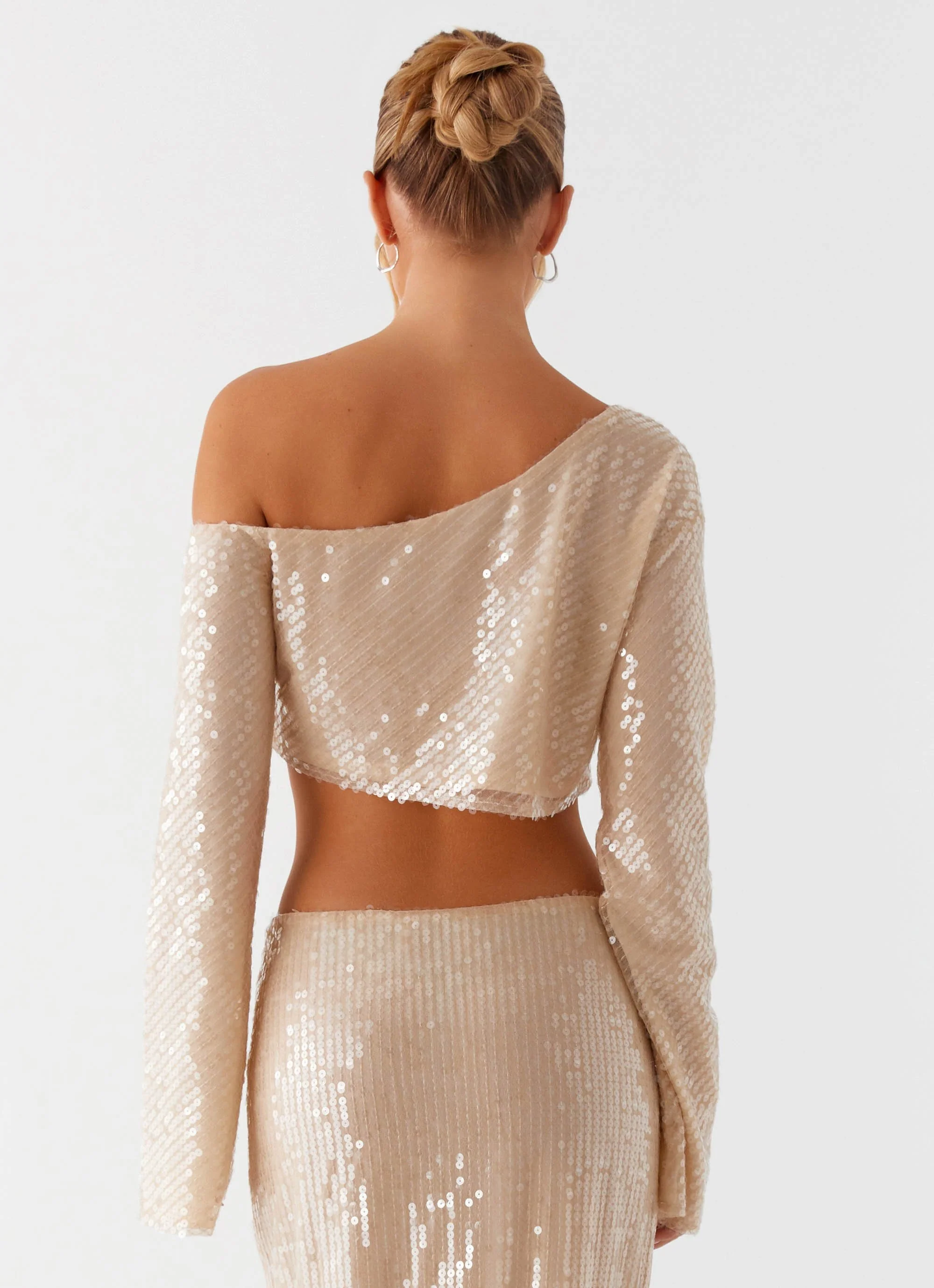 Wisteria Off Shoulder Long Sleeve Sequin Top - Champagne - Image 6