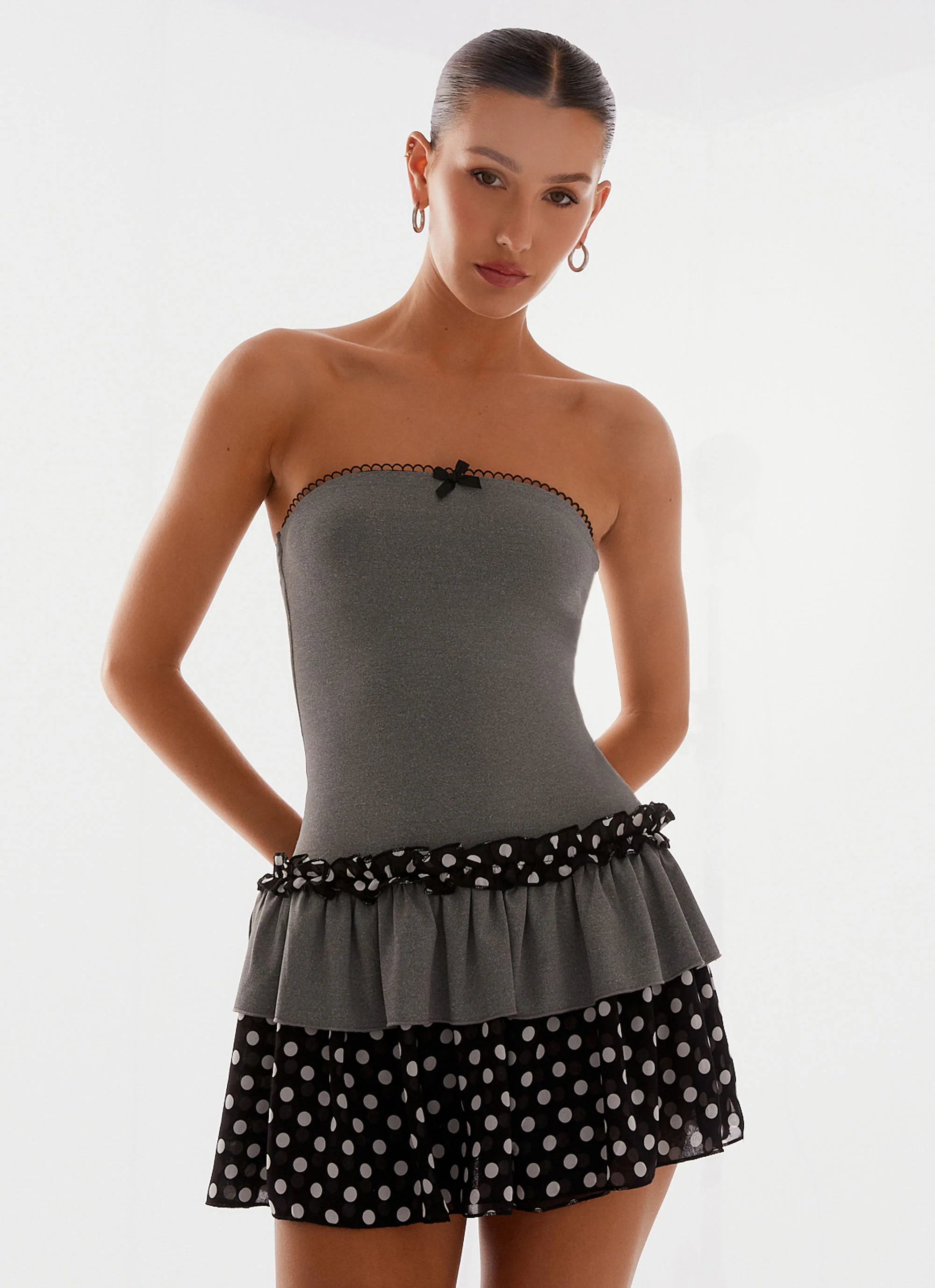 Yerin Strapless Frill Mini Dress - Grey Polkadot - Image 6